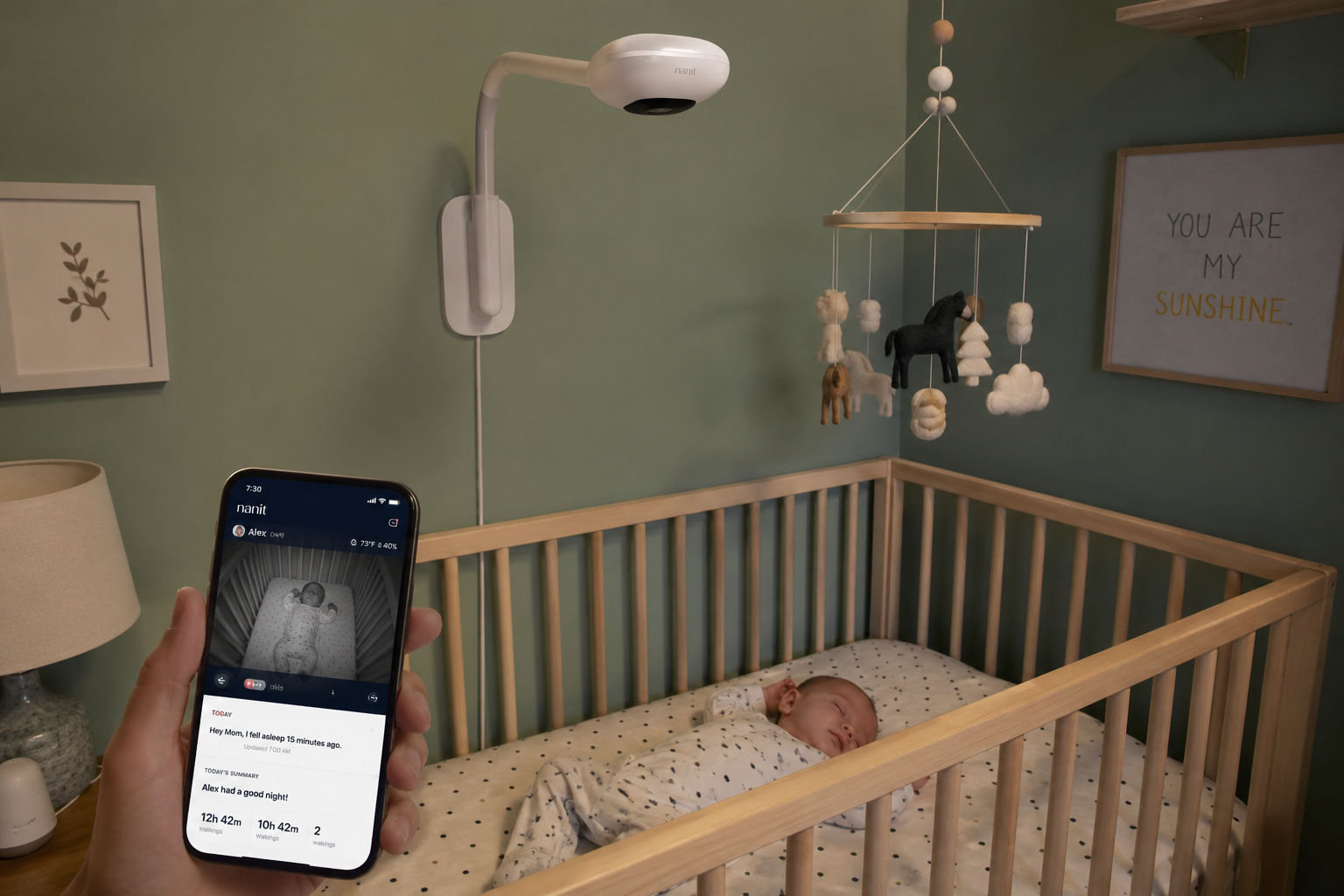 Nanit Pro baby monitor installed above a crib.