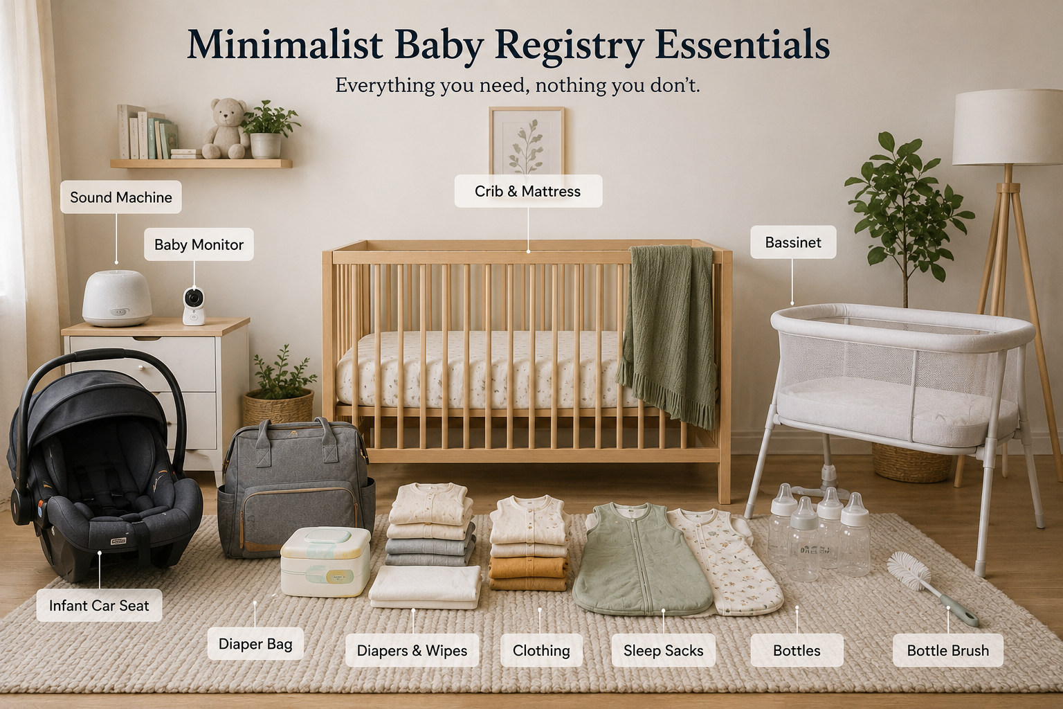 Minimalist baby registry essentials arranged in an organized nursery.