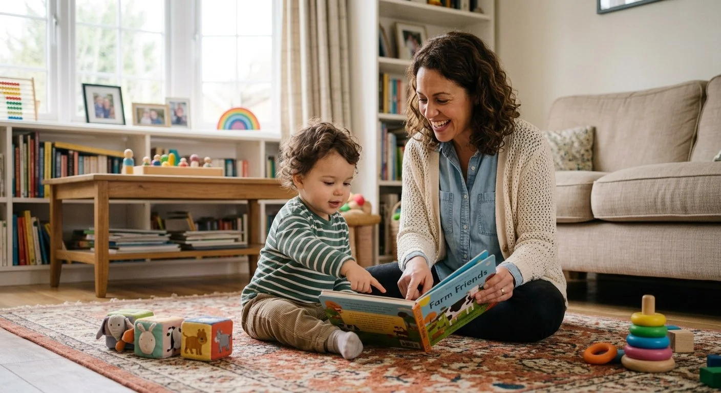 Parent encouraging an 18 month old toddler to point toward a picture book.