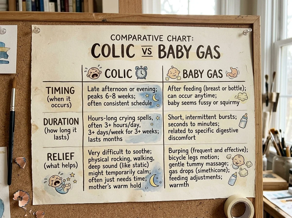 Chart comparing colic vs baby gas by timing, duration, and relief.
