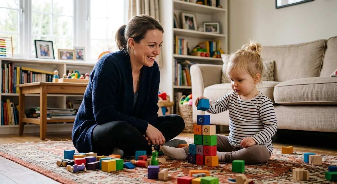 Toddler playing with toy blocks while a parent observes social engagement.