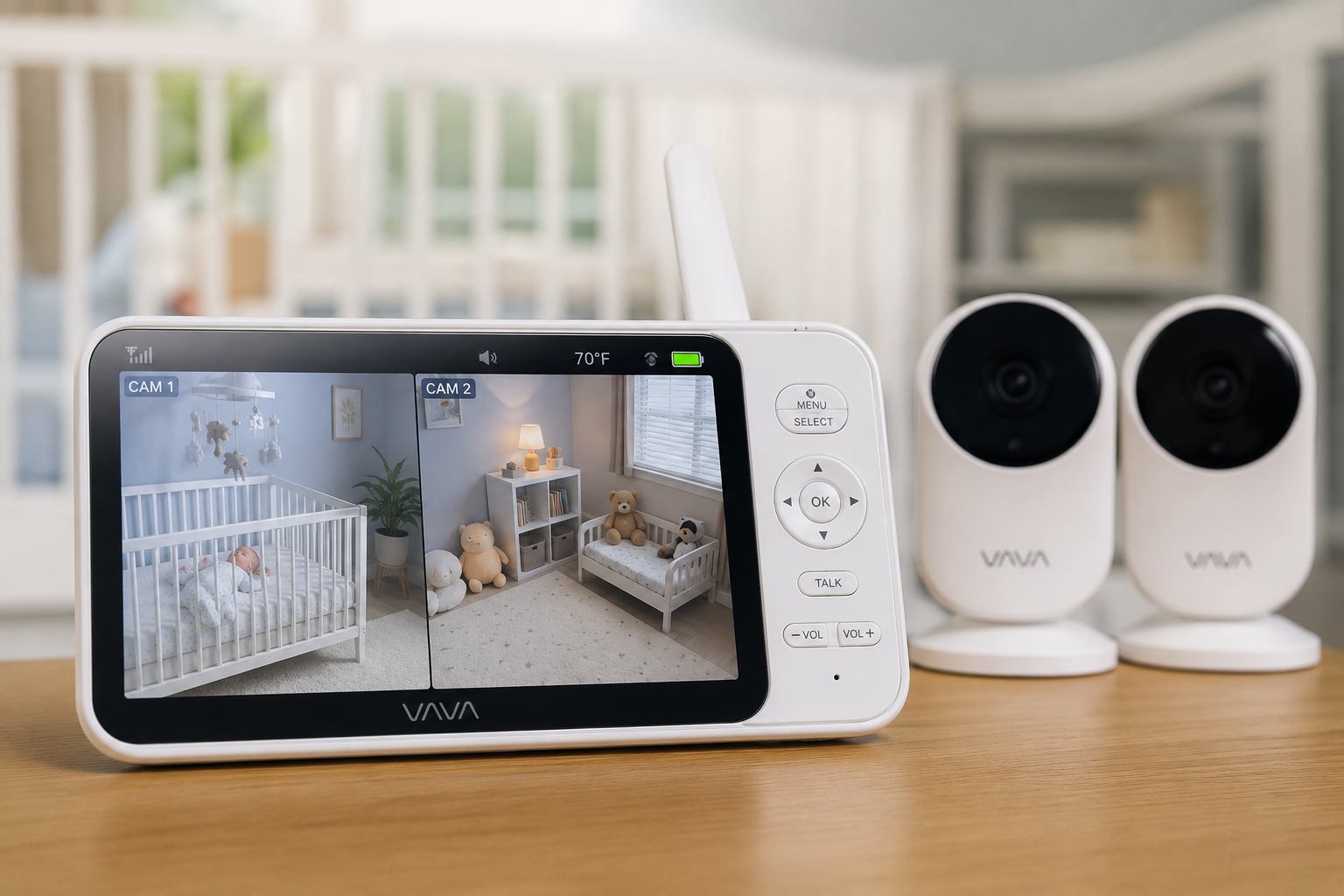VAVA split screen baby monitor showing two nursery cameras.