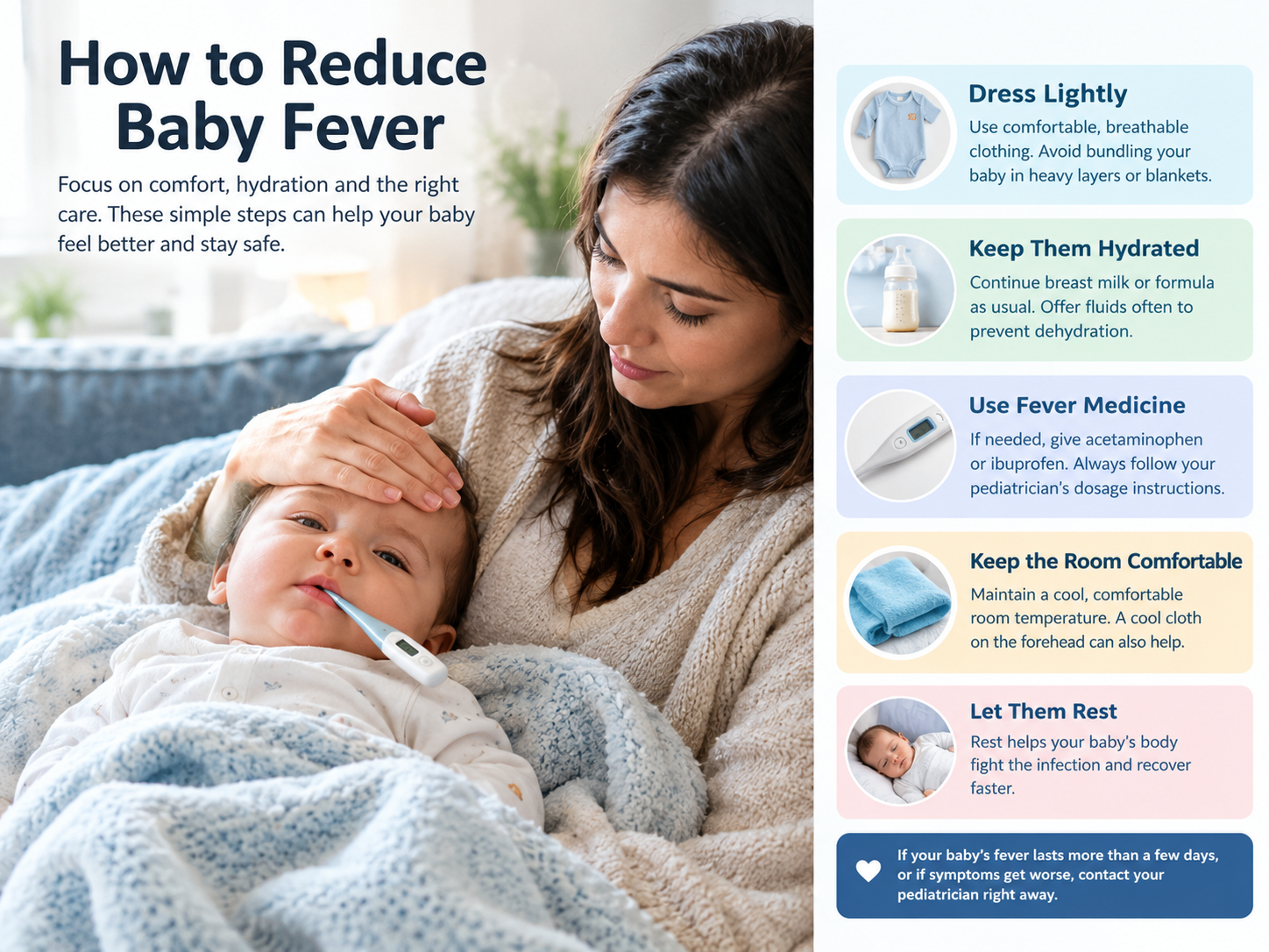 A picture showing how to reduce baby fever.
