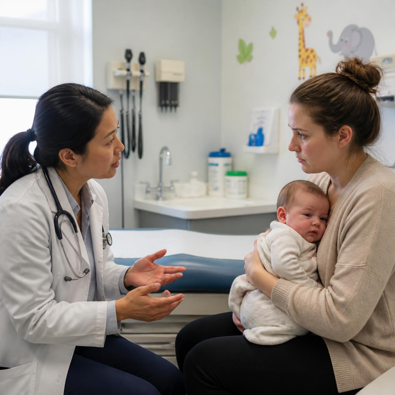 A pediatrician talking to a parent about reducing baby fever.