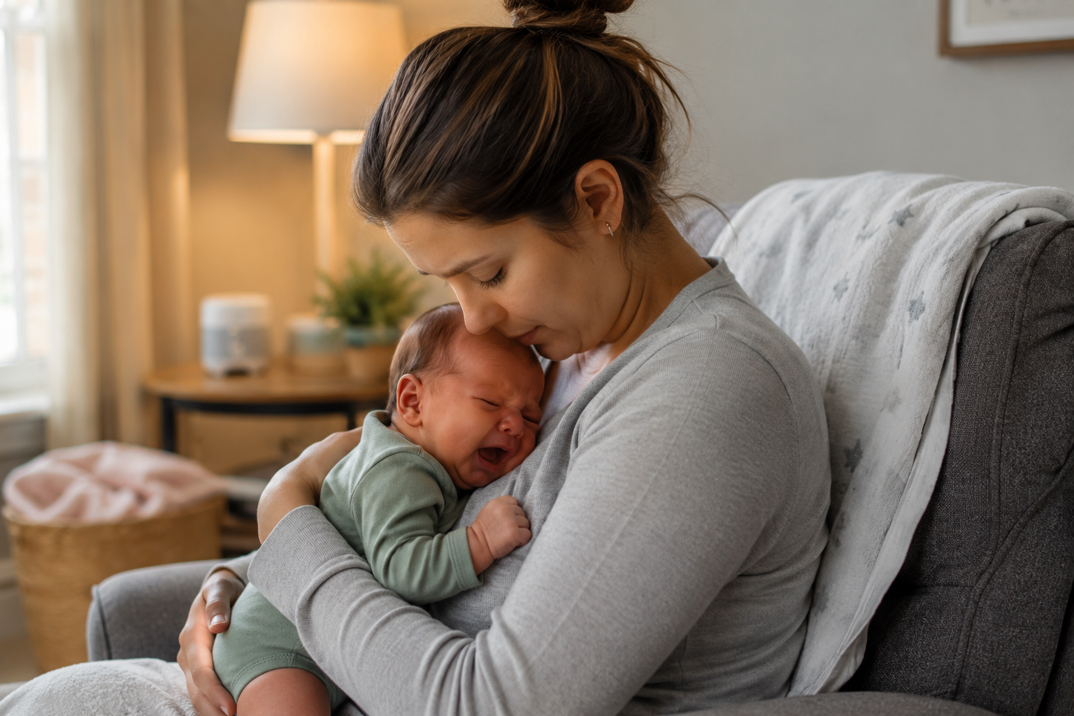Parent comforting infant showing common baby growth spurt signs.