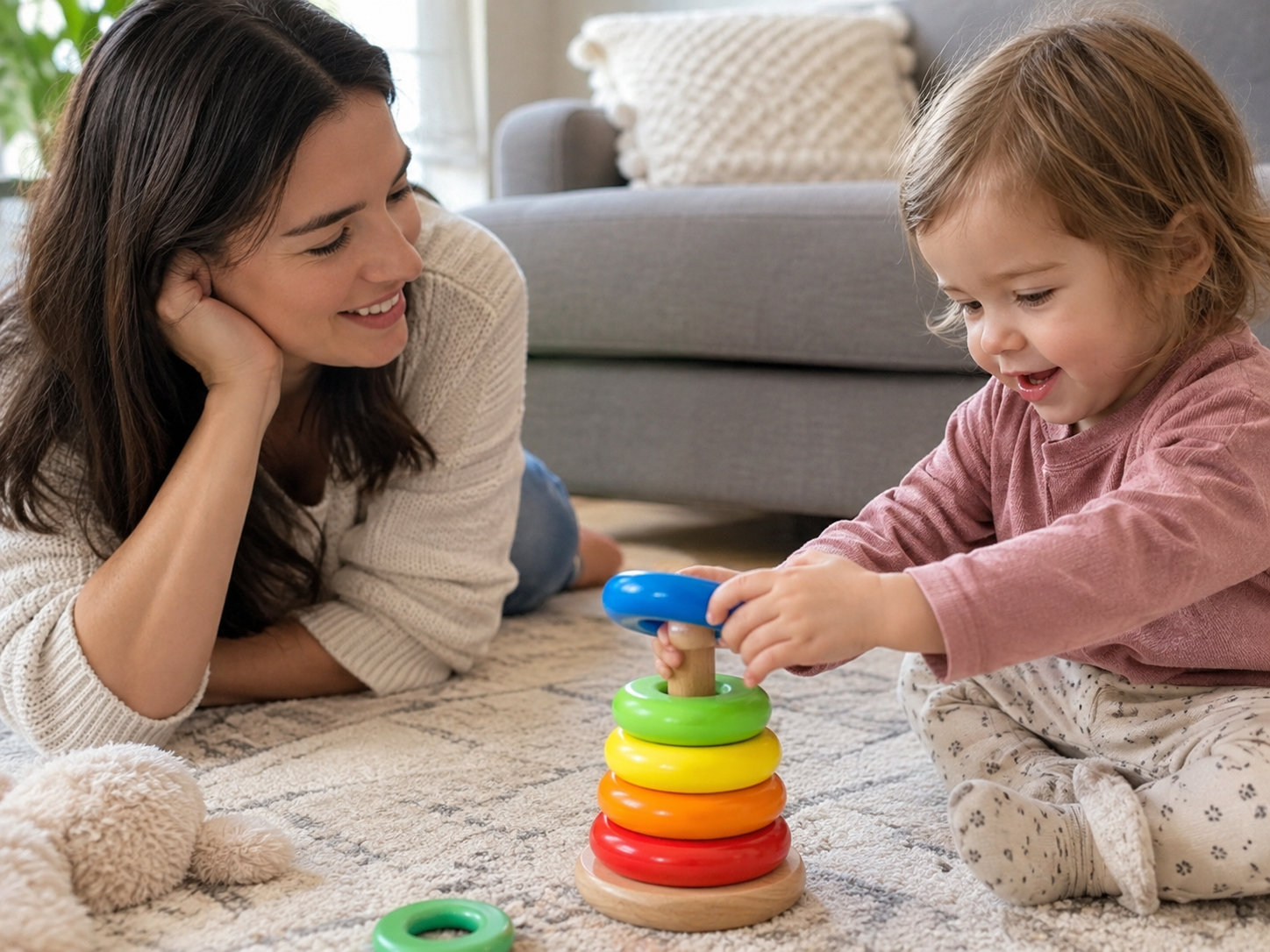 Parent observing a toddler during a face to face play interaction.