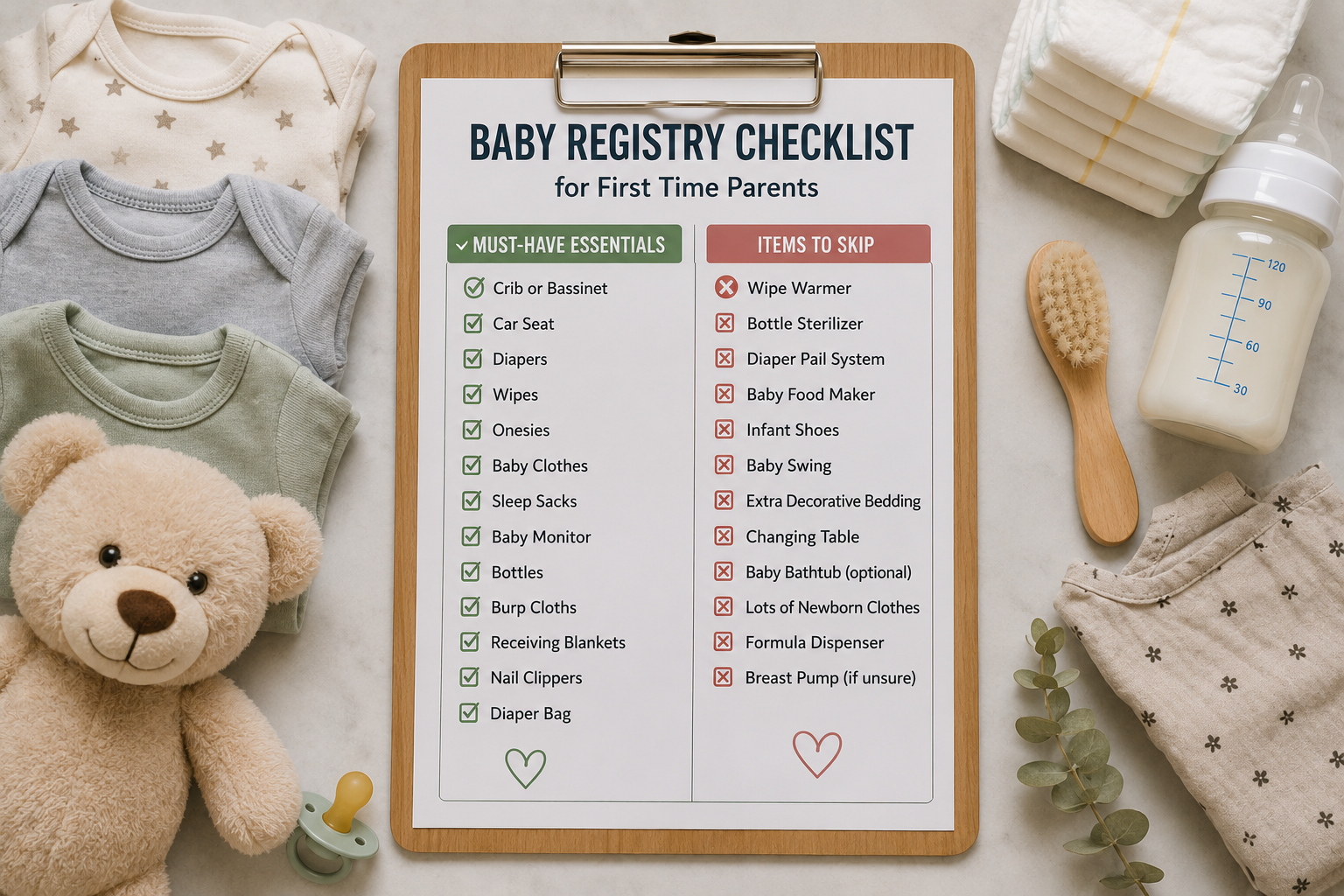 Baby registry checklist highlighting baby registry items to skip for first time parents.