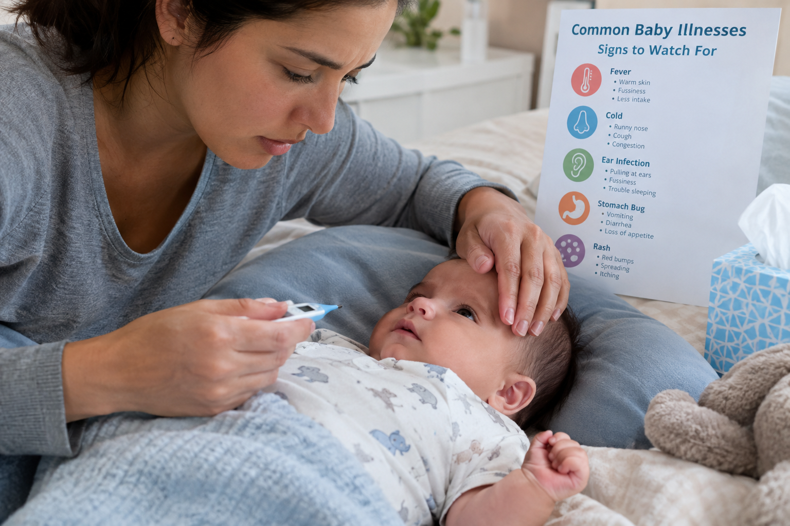 Parent checking an infant for signs of common baby illnesses.