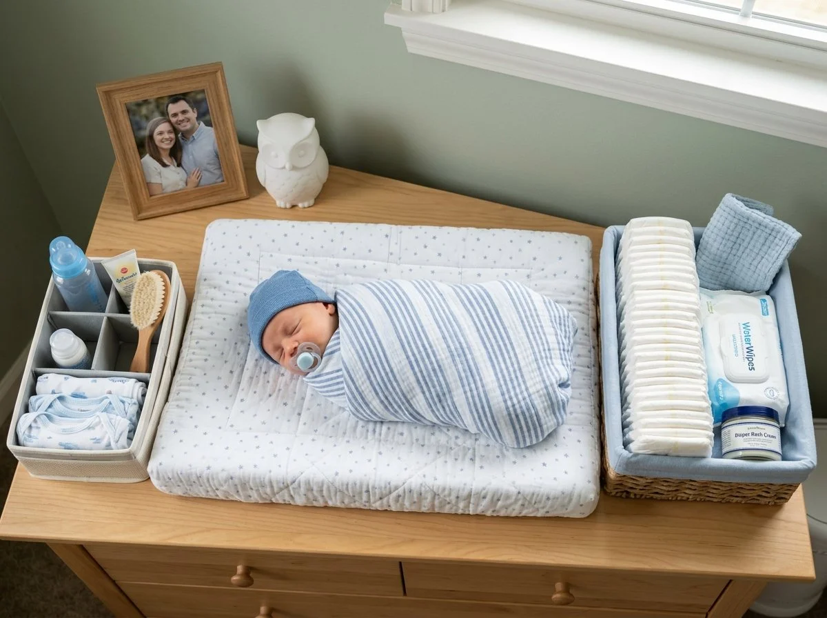 Changing station set up with baby boys newborn essentials including washcloth and diapers.