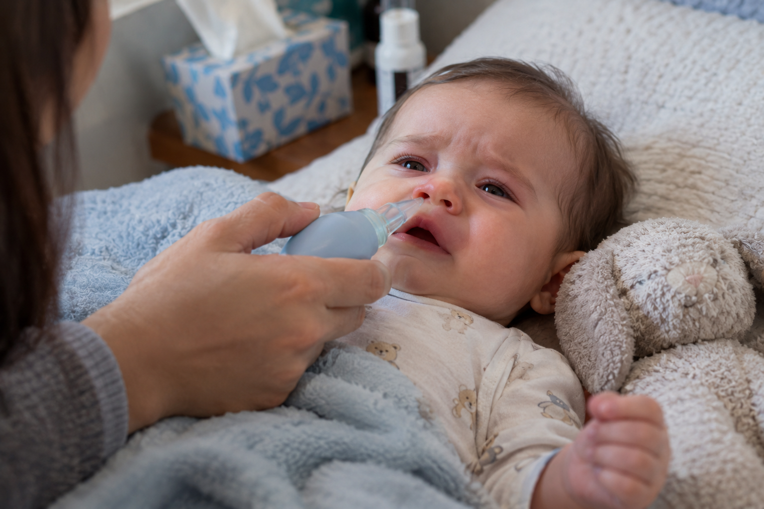 Congested infant experiencing baby cold symptoms.