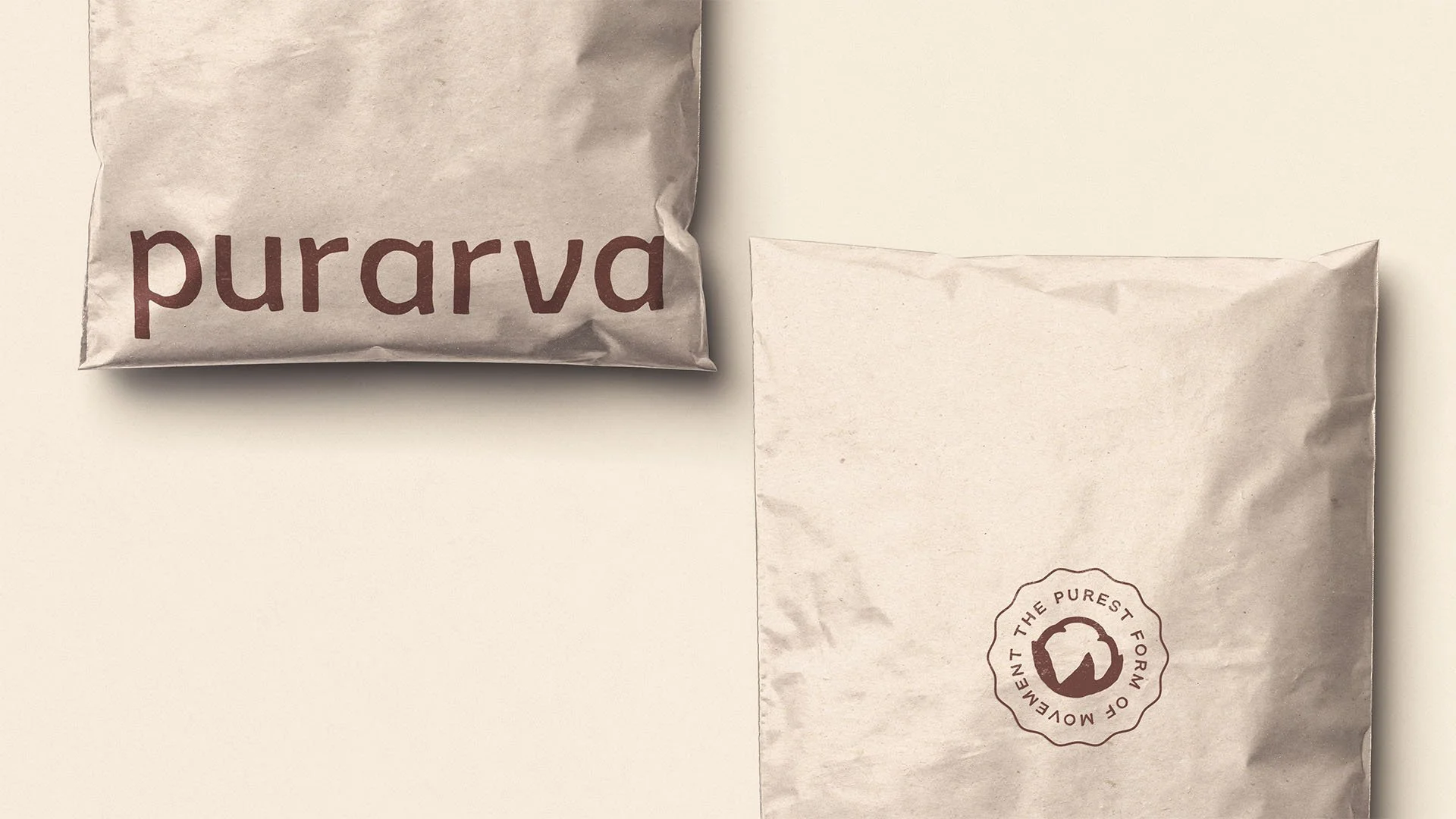 Two beige paper bags with minimalist design, one labeled "purava" and the other featuring a logo with text "the purest form of money" and a mountain icon.