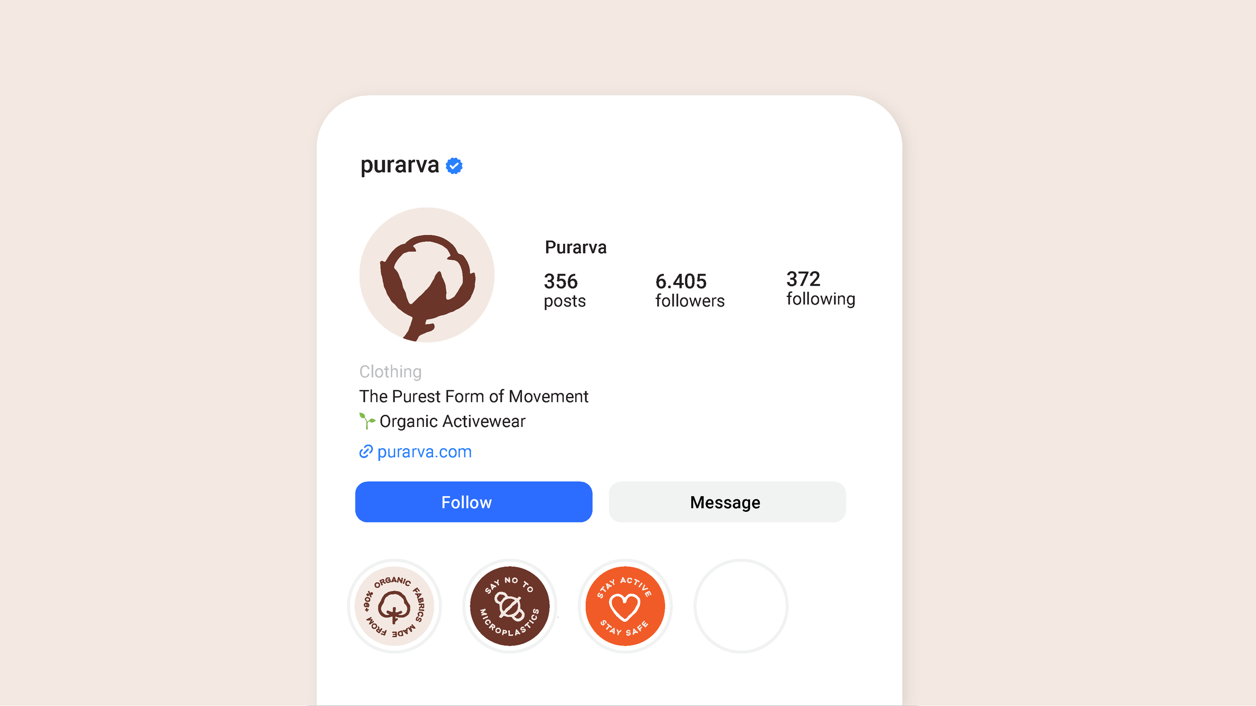 Screenshot of Purava's Instagram profile page displaying their logo, follower count, profile description, website link, 'Follow' and 'Message' buttons, and three highlight icons regarding eco-friendly apparel, plastic reduction, and active living.