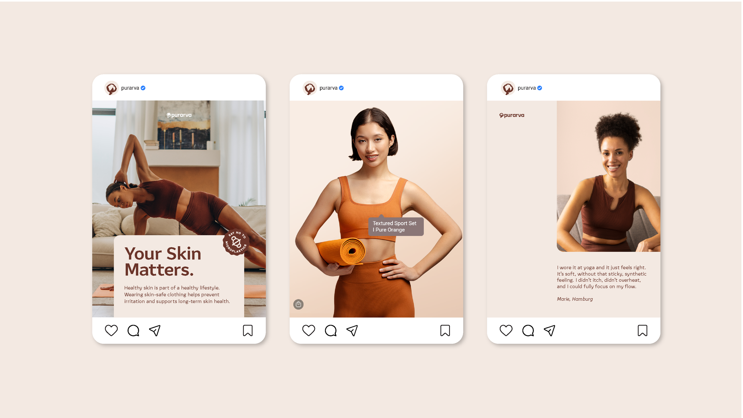 Three Instagram posts featuring women in activewear. The first shows a woman doing yoga in a living room, with the caption 'Your Skin Matters.' The second features a woman holding an orange textured sport set, labeled 'Textured Sport Set 1 Pure Orange.' The third displays a woman smiling on a neutral background with a quote about yoga and clothing.
