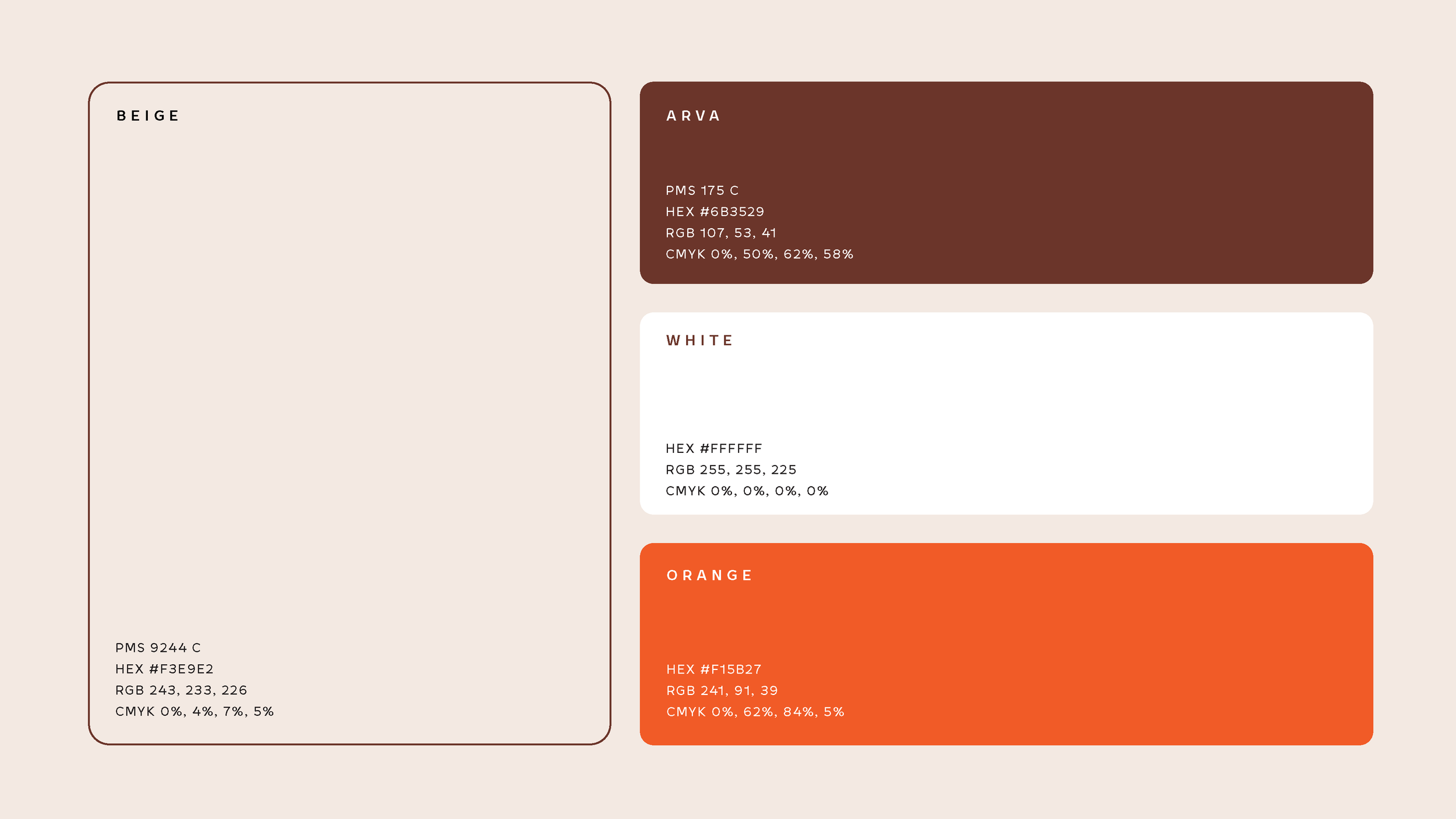 A color palette chart with beige as background, featuring four color swatches labeled beige, arva, white, and orange, each with color codes, hexadecimal, RGB, and CMYK values.