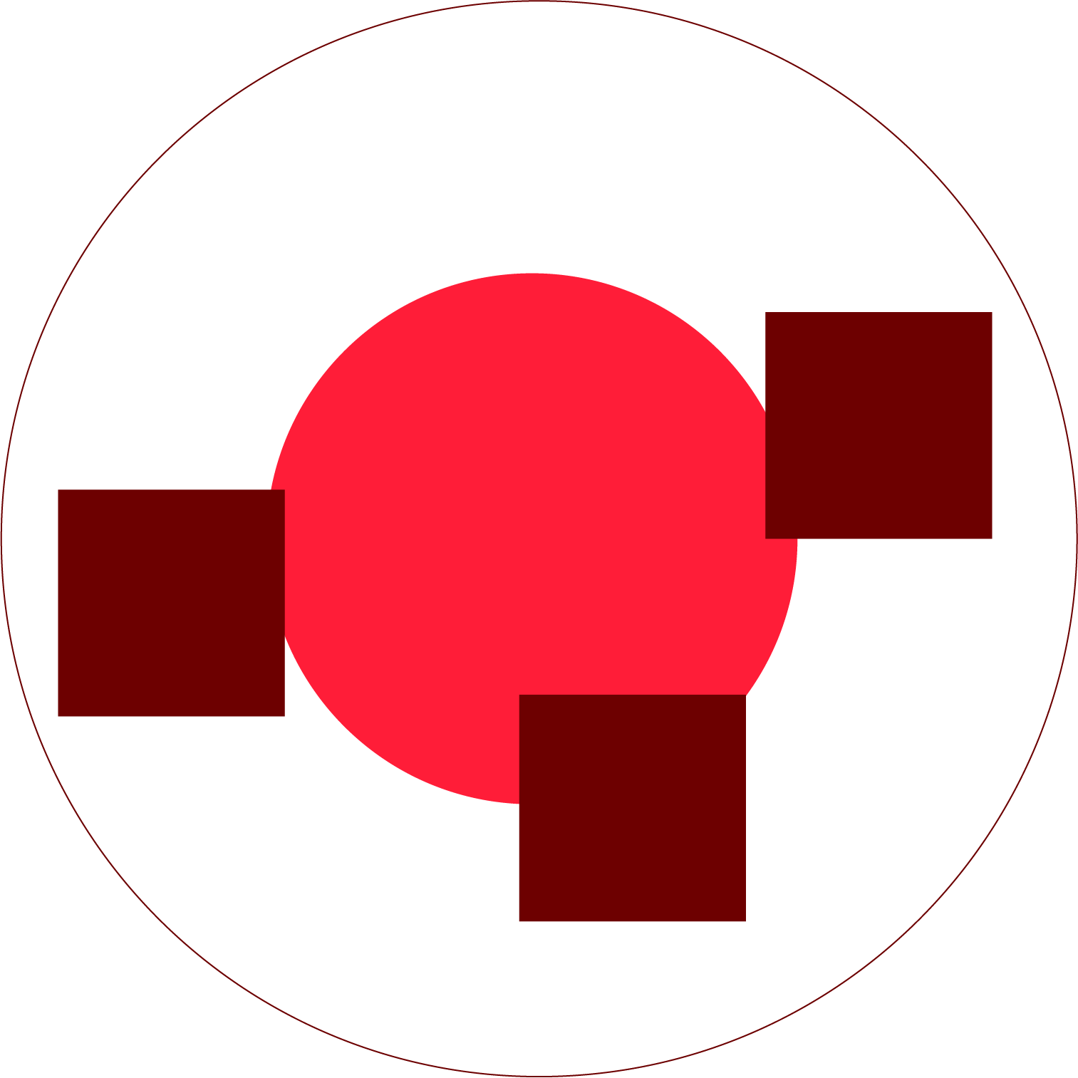 A black background with a large red circle in the center, surrounded by a thin red outline. Three dark red squares are positioned around the circle, one on the left, one on the right, and one below, creating a geometric pattern.