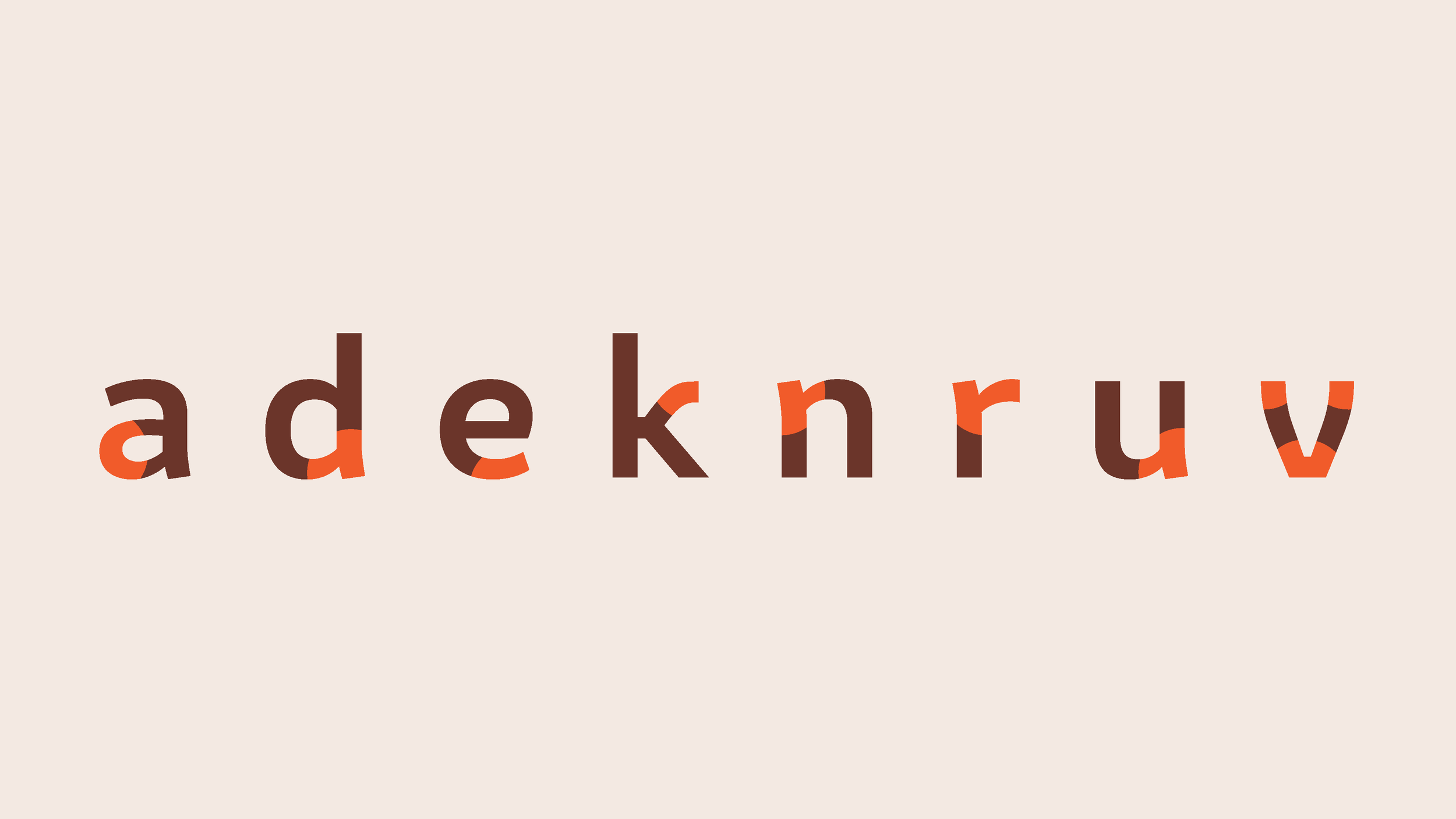 Letter combinations 'adekhnruv' with layered color effects on a light beige background.