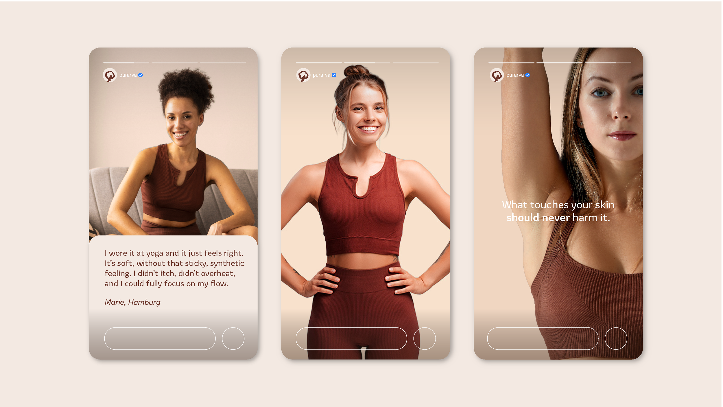 Three women in athletic wear on social media stories, with quotes about skin and comfort.