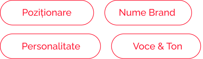A digital diagram with four pink rounded rectangles containing black background. The sections are labeled 'Poziționare', 'Nume Brand', 'Personalitate', and 'Voce & Ton'.