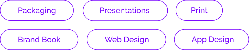 A menu with six options inside rounded rectangles: Packaging, Presentations, Print, Brand Book, Web Design, App Design, all outlined in purple on a black background.