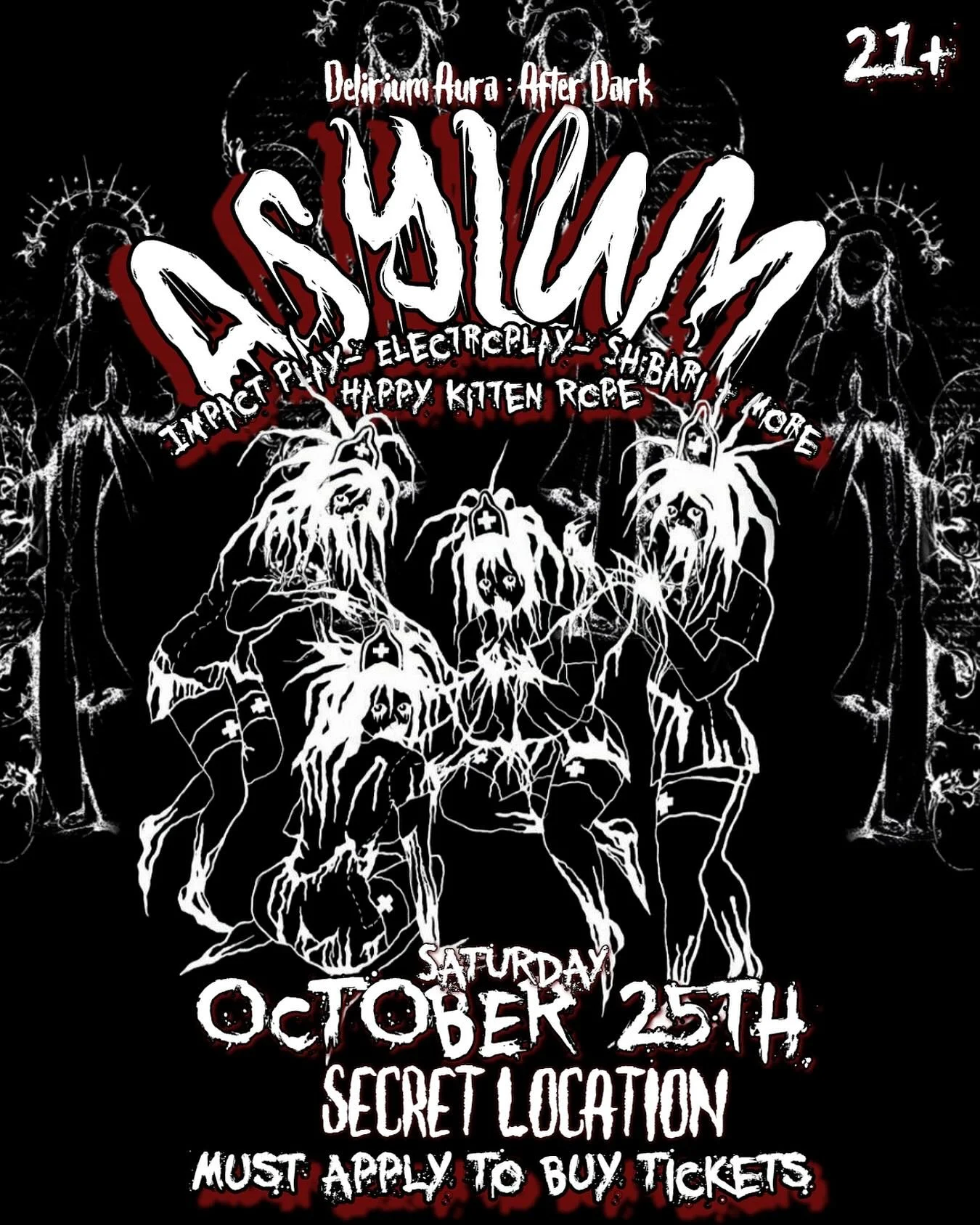 The time has come again for our next after dark party , October 25th 10p-4 secret location !
 
Calling all of our masochist and sadist we are opening a one night only asylum filled with shibari, electroplay, impact play + more provided by Happy Kitte