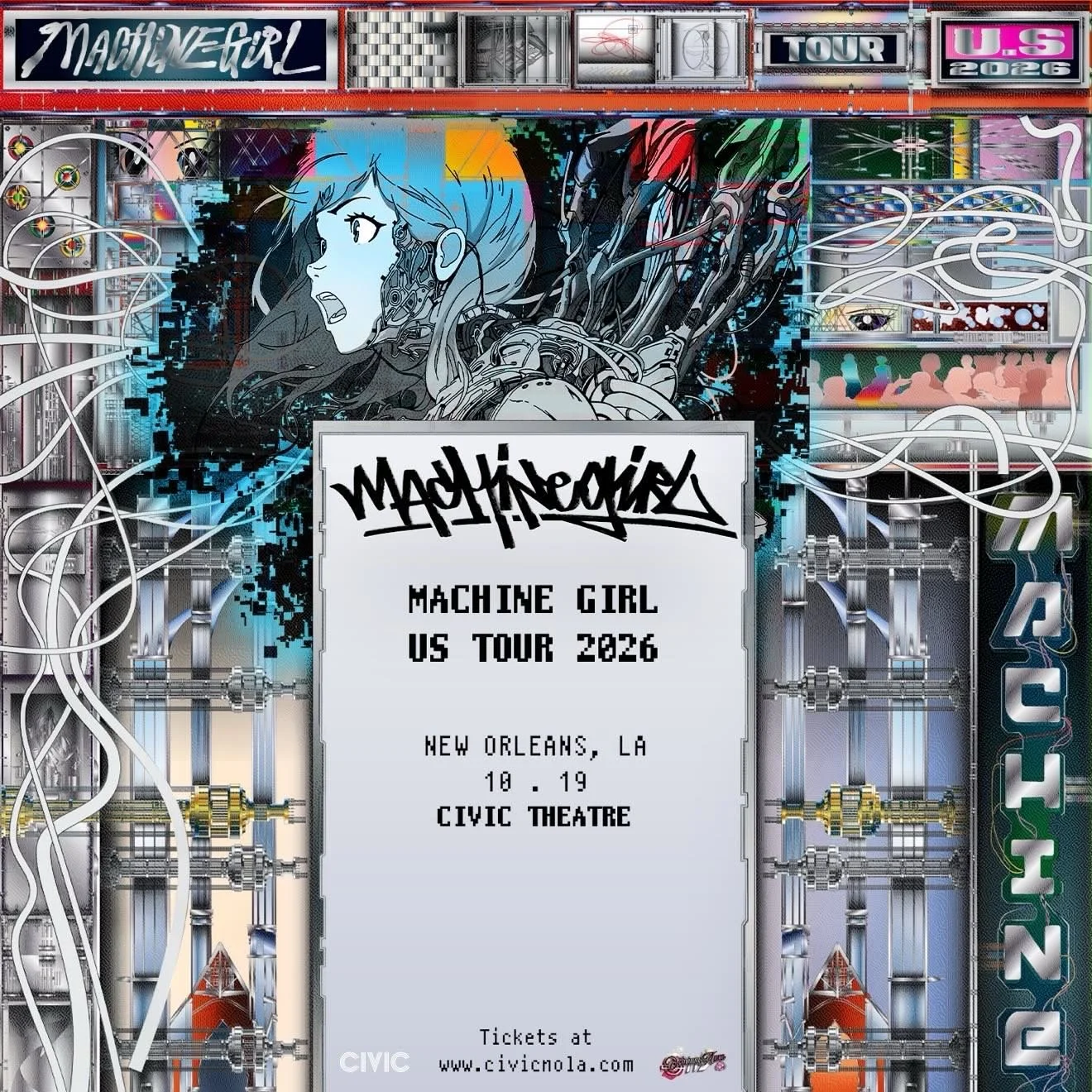 ⋰ &deg;｡✩ﾟ*+:｡..｡: ꒰ఎ 🤍 ໒꒱ :｡..｡:+*ﾟ⋰ &deg;｡✩
We are so excited to announce this collaboration with the civic theatre + @machin3gir1 !! ᕀ۪𐄙⸝̽⸝໋̟̊𐑎⃙ֹ᩿࠭𖾟໋֗𐑎⃙⸝໋̟݁⸝࣭̊˖ᕀ໋݂༚

Machine girl live at the @civicnola Oct 19 
Support TBA ꉂꉂ(ˊᗜˋ*)ʬʬ

PRESALES
