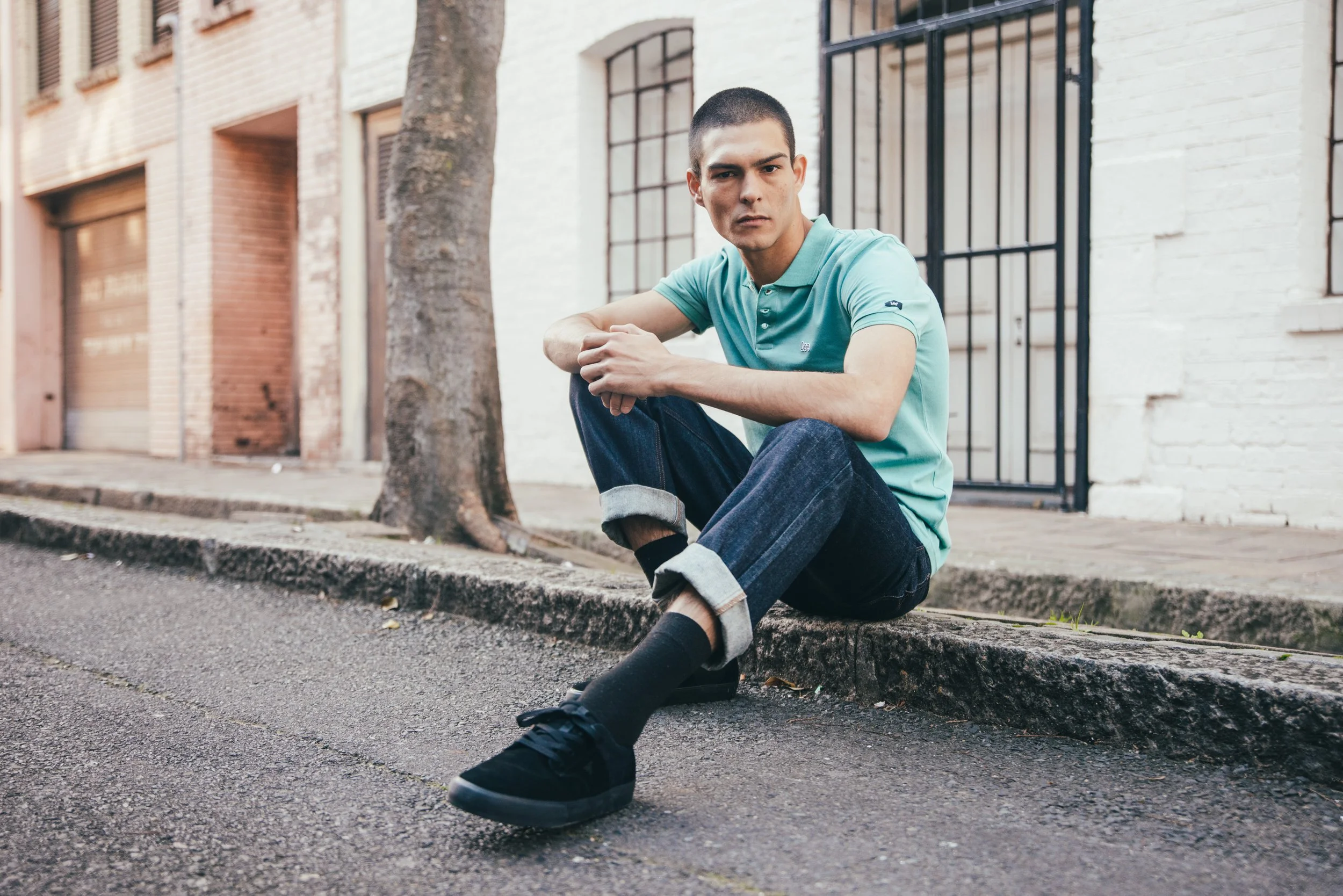 Fashion photography for Lee Jeans of a young model wearing a green t-shirt in Cape Town, South Africa by photographer Vanartist