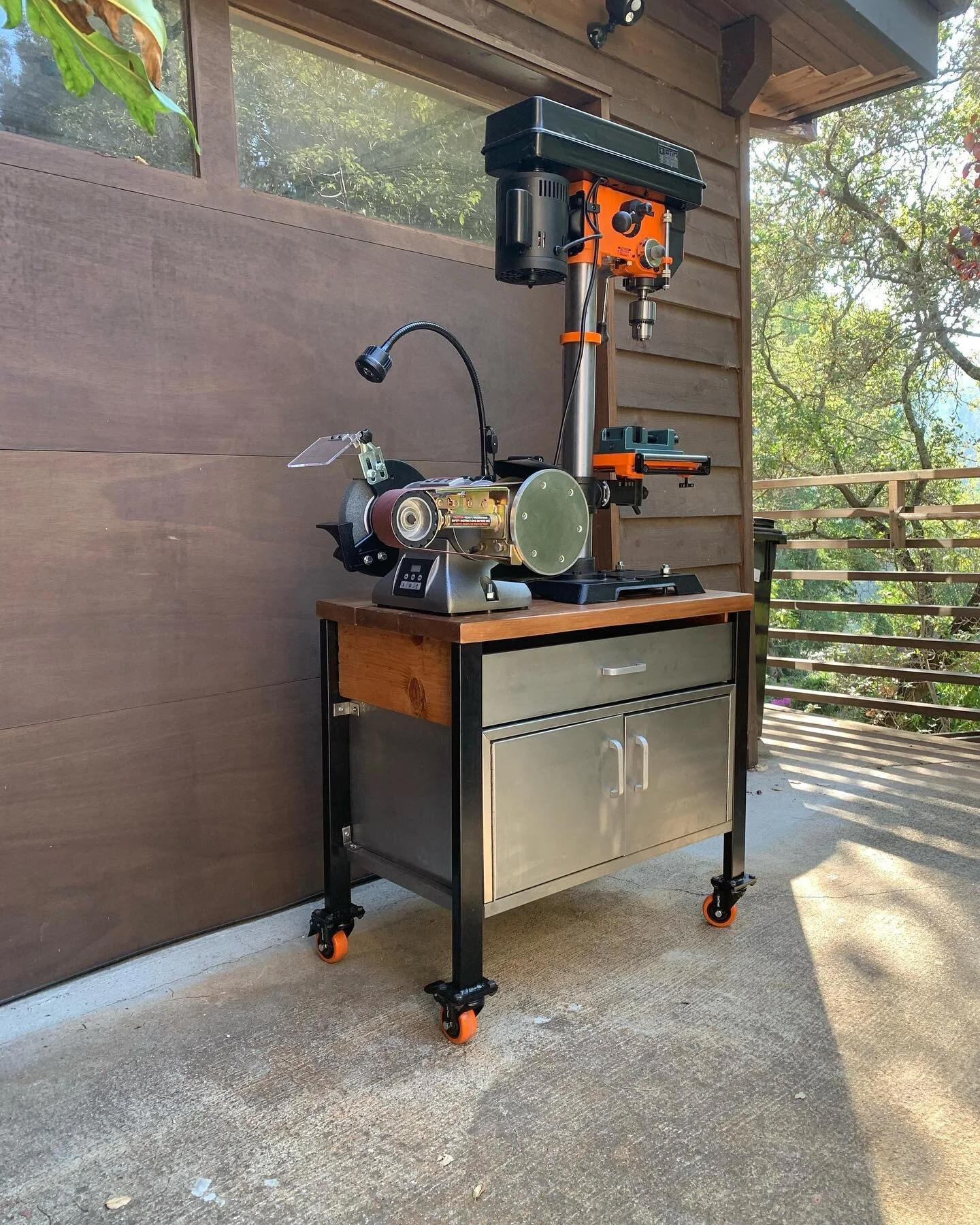 Needed a stand/cart for the little drill press and grinder set up. Found an old stainless cabinet in the weeds in the neighborhood. 

#metalfabrication 
#customtoolcart 
#toolbox 
#drillpress 
#grindercart 
#welding 
#toolstomaketools