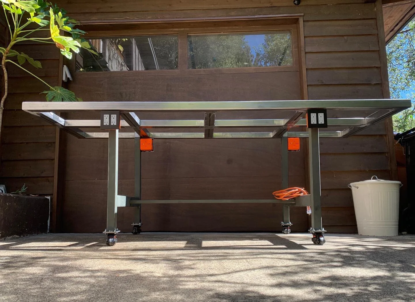 Needed a table to work on. When our garage was my shop I had this idea. A grid table that you can clamp from all different places instead of just the perimeter. Added outlets and leveling casters. 
First use of my @genuine_metalworks 🤘🏼

#customtoo