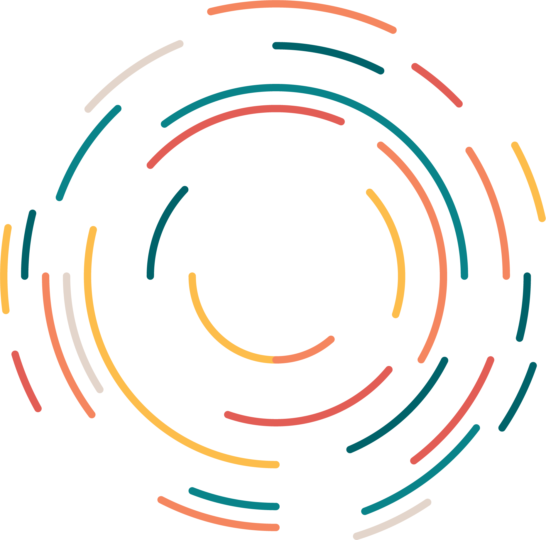 A circular pattern of concentric arcs in orange, yellow, and teal, reflecting the warmth of support for foster care in Kansas City.
