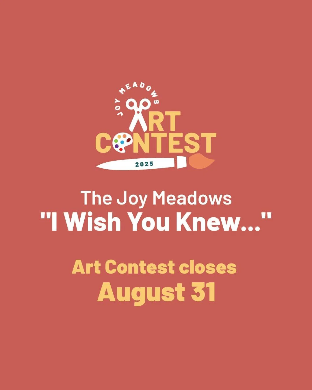 ⏰ LAST CHANCE! ⏰
The Joy Meadows &quot;I Wish You Knew...&quot; Art Contest closes August 31!

Young artists impacted by foster care: share your voice through art, poetry, or photography.
$100 prizes! Ages 5-19 eligible.

Submit now: joymeadows.org/a