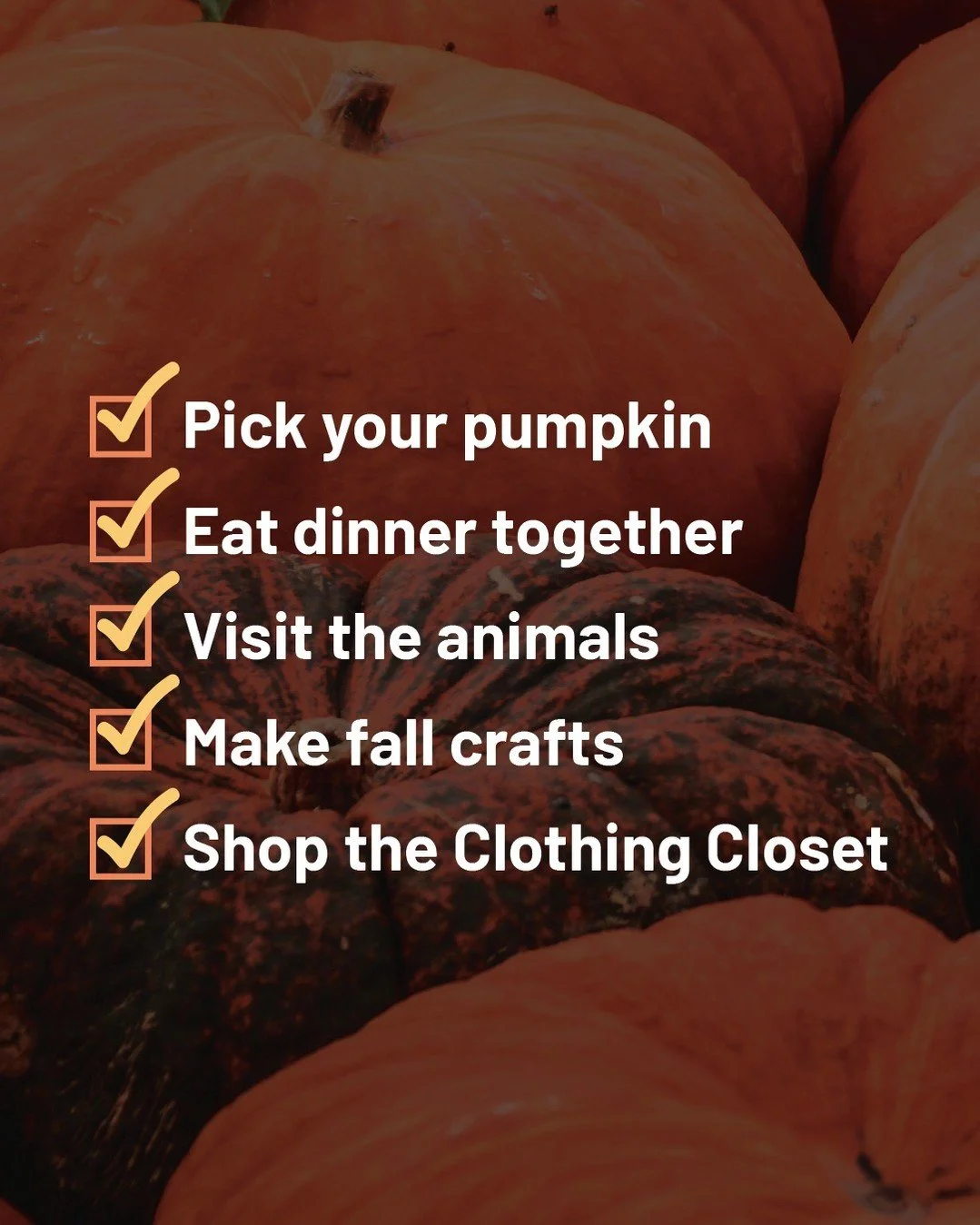 Check off your fall bucket list at Second Saturday this weekend! 

Foster, adoptive, and kinship families&mdash;come enjoy a cozy, joy-filled evening at Joy Meadows on October 11:

🎃 Pick your pumpkin
🍽️ Eat dinner together
🐐 Visit the animals
🎨 