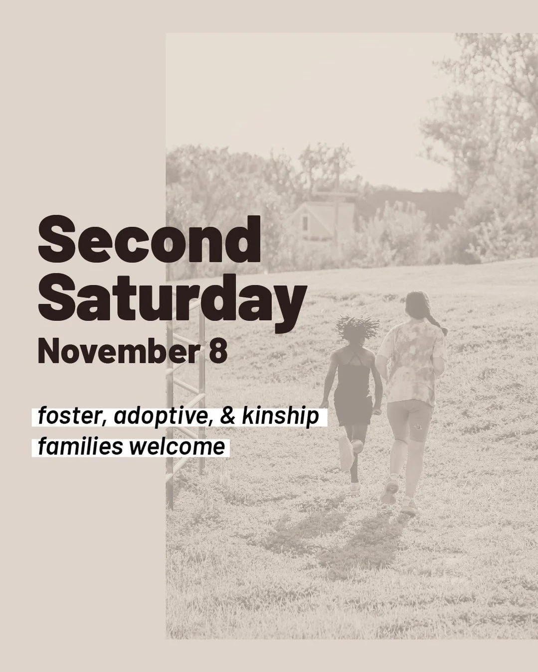 November Second Saturday is almost here!

Join us on Saturday, November 8 for another evening of connection, rest and outdoor fun designed just for foster, adoptive and kinship families.

🎨 Cozy fall crafts in the art studio
🐴 Horse rides &amp; bar