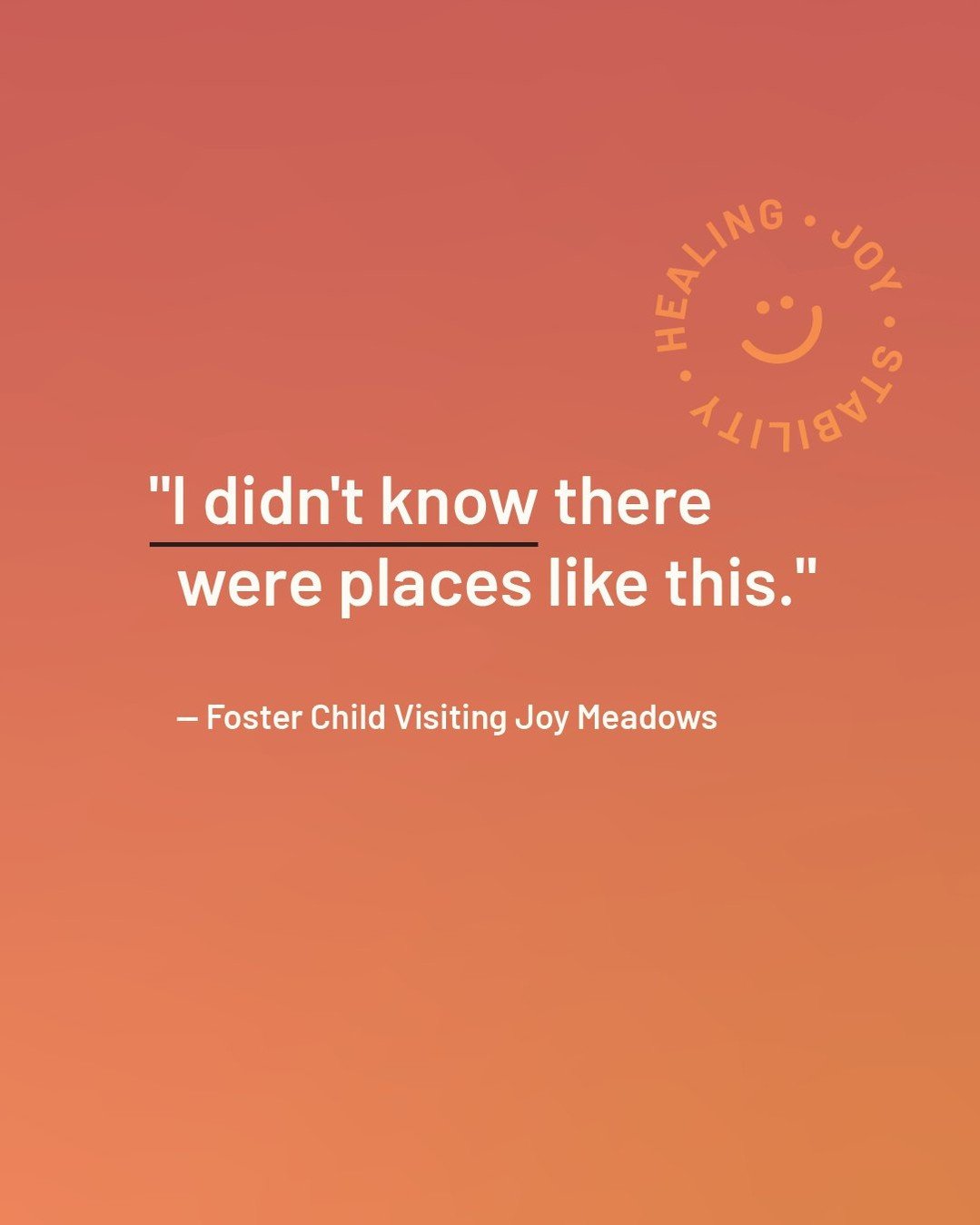 "I didn't know there were places like this." &mdash; Foster Child visiting Joy Meadows

Every time a child moves to a new foster home, trauma compounds. Anxiety increases. Time in care extends. And if they have siblings, separation creates 