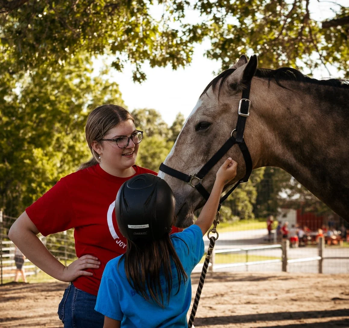 A child wearing a riding helmet reaches toward a horse at Animal Sessions with Joy Meadows volunteernearby.