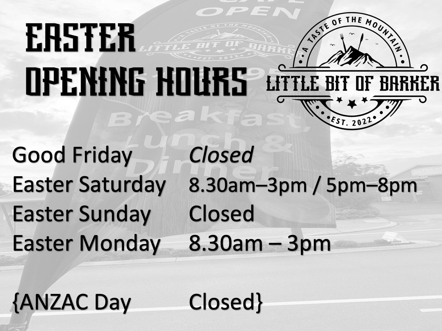Easter Opening hours! 🙌🏻 Easter #doneright #openmonday
#mountbarkerwa #mountaincountrywa