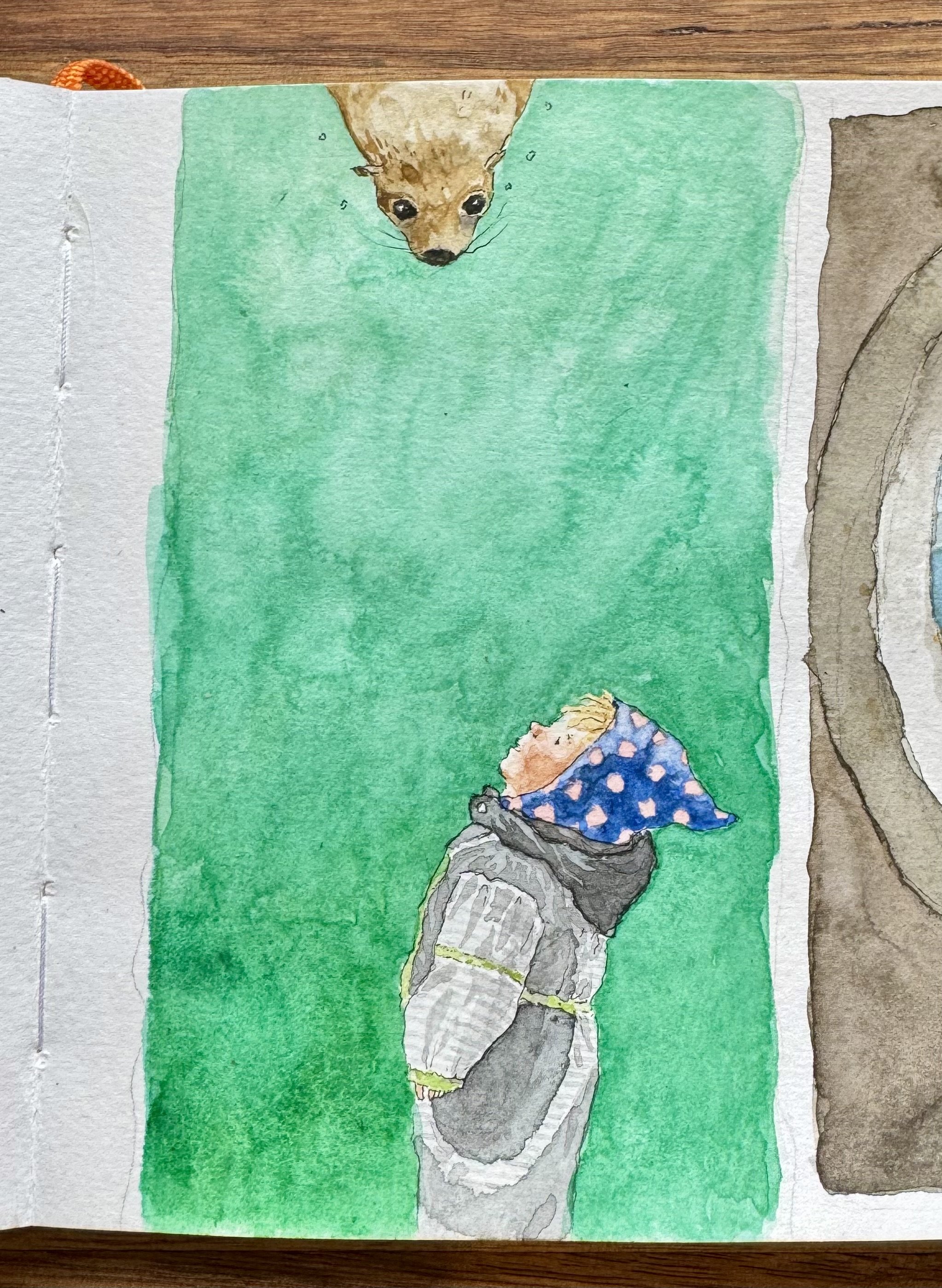 Watercolor painting of a dog looking into a green body of water with its face just above the surface, and a person with blond hair and a blue polka dot shirt looking into the water from onshore.