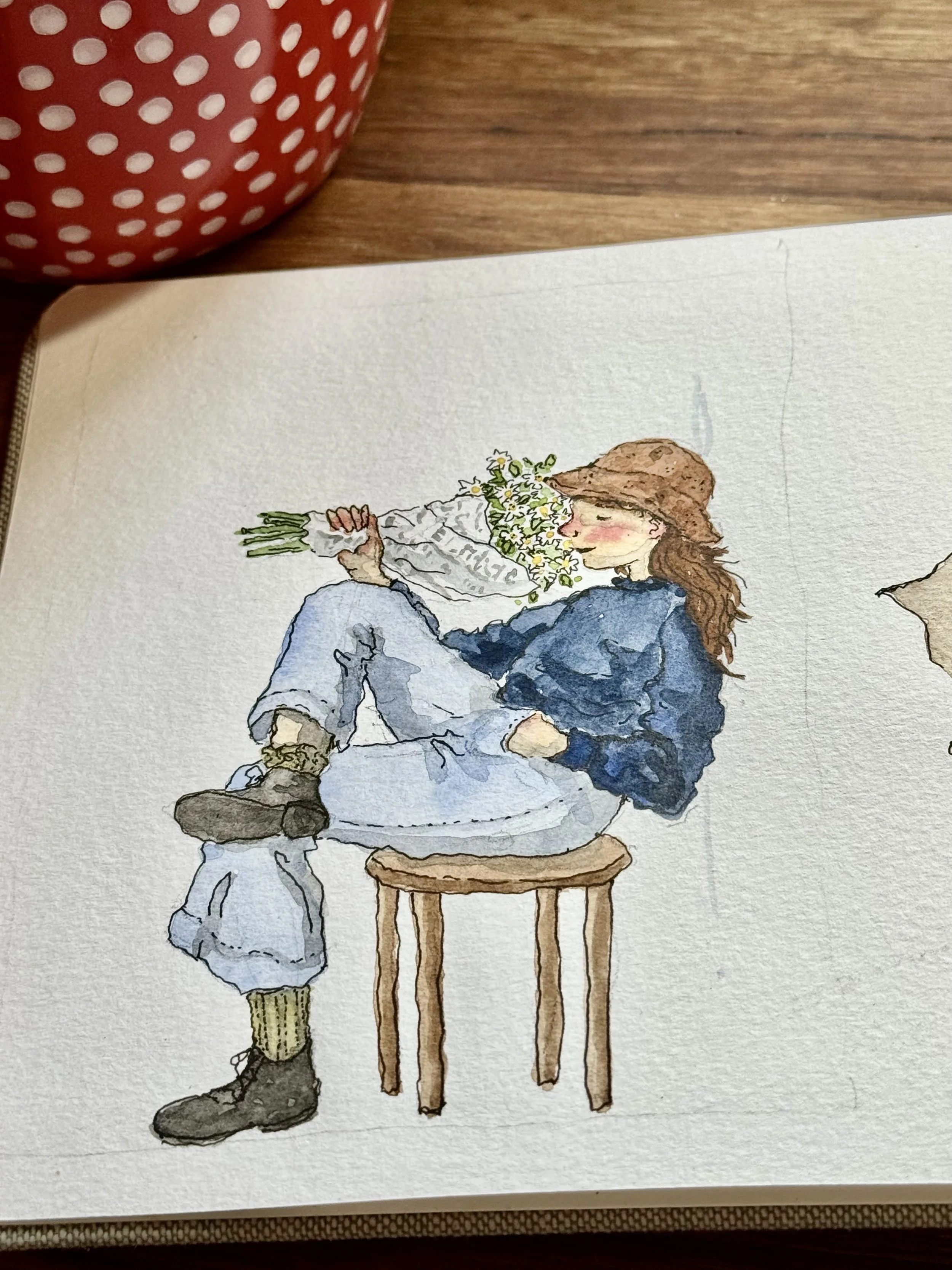Watercolor illustration of a girl sitting on a small wooden stool, holding a bouquet of daisies, with a red and white polka dot container visible nearby.