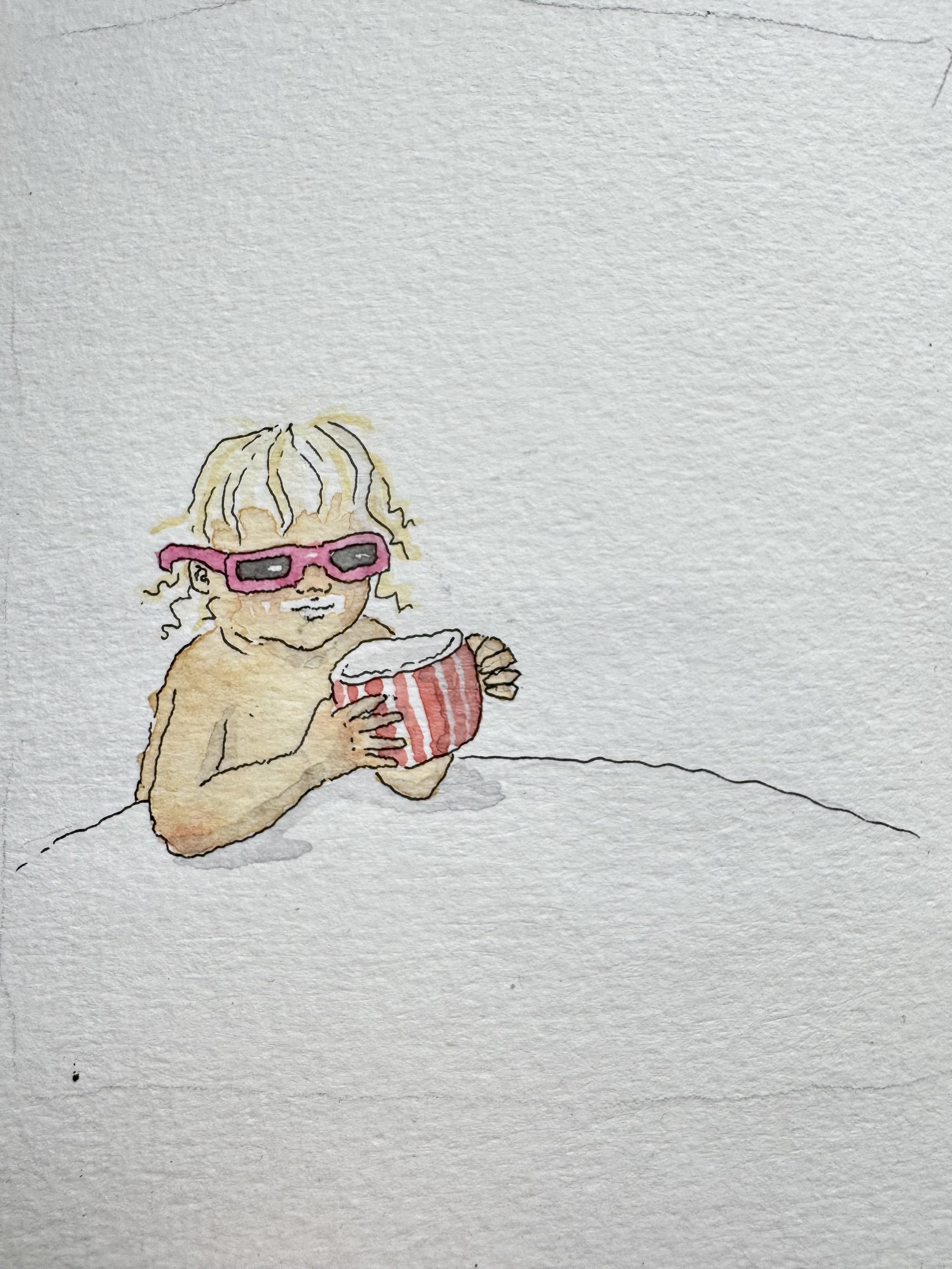 Watercolor illustration of a person with blonde hair wearing pink sunglasses, holding a bucket of popcorn, and smiling.
