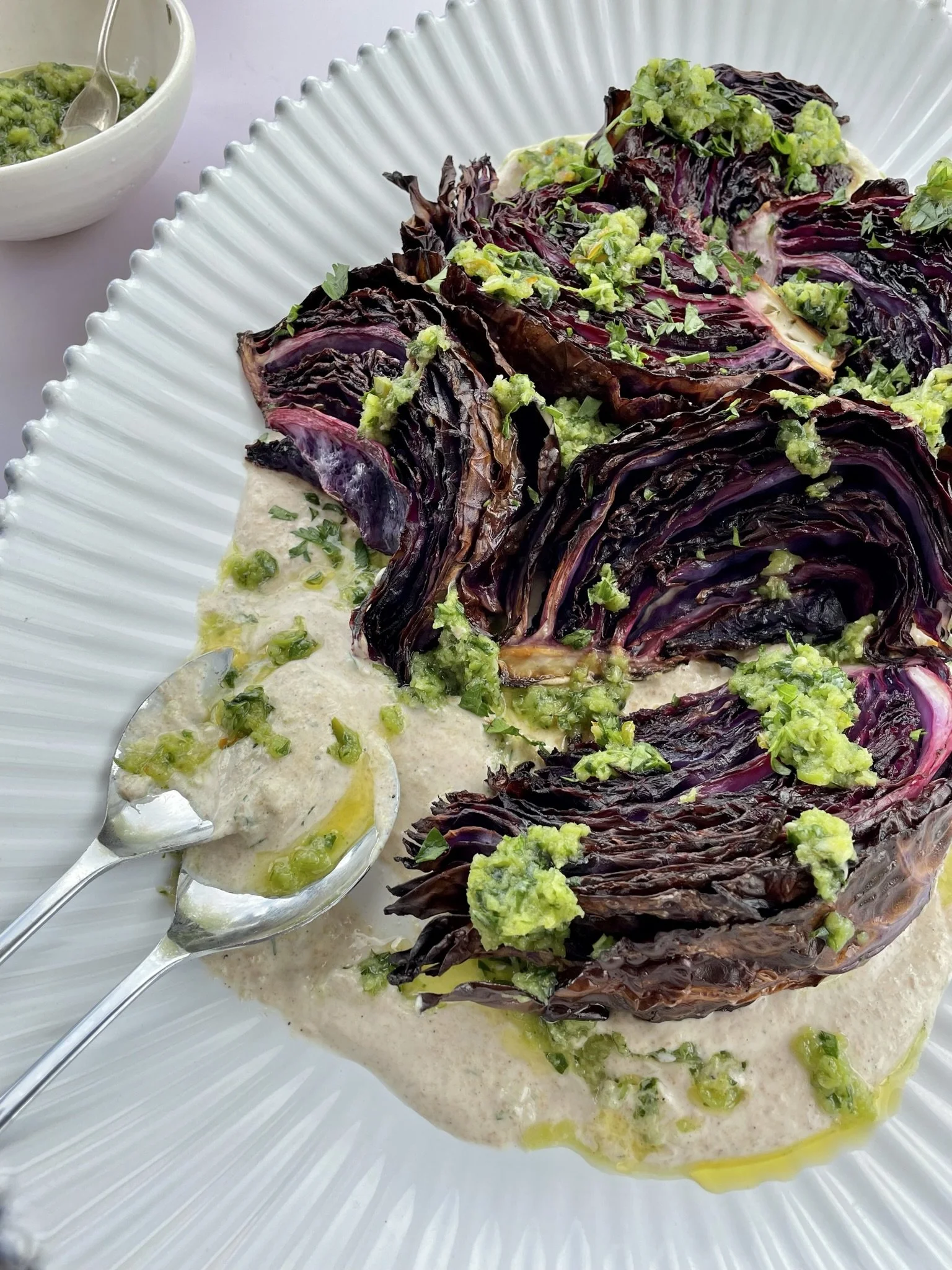 Roasted red cabbage with apple chimichurri and tahini yoghurt