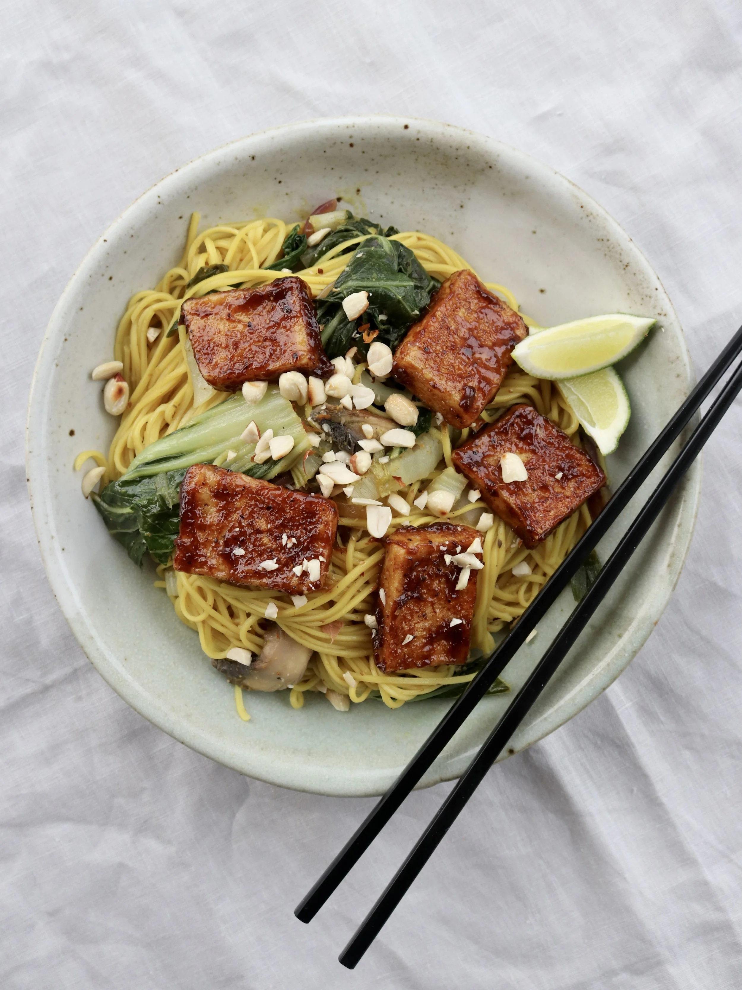 Sticky tamarind tofu with lime curry noodles
