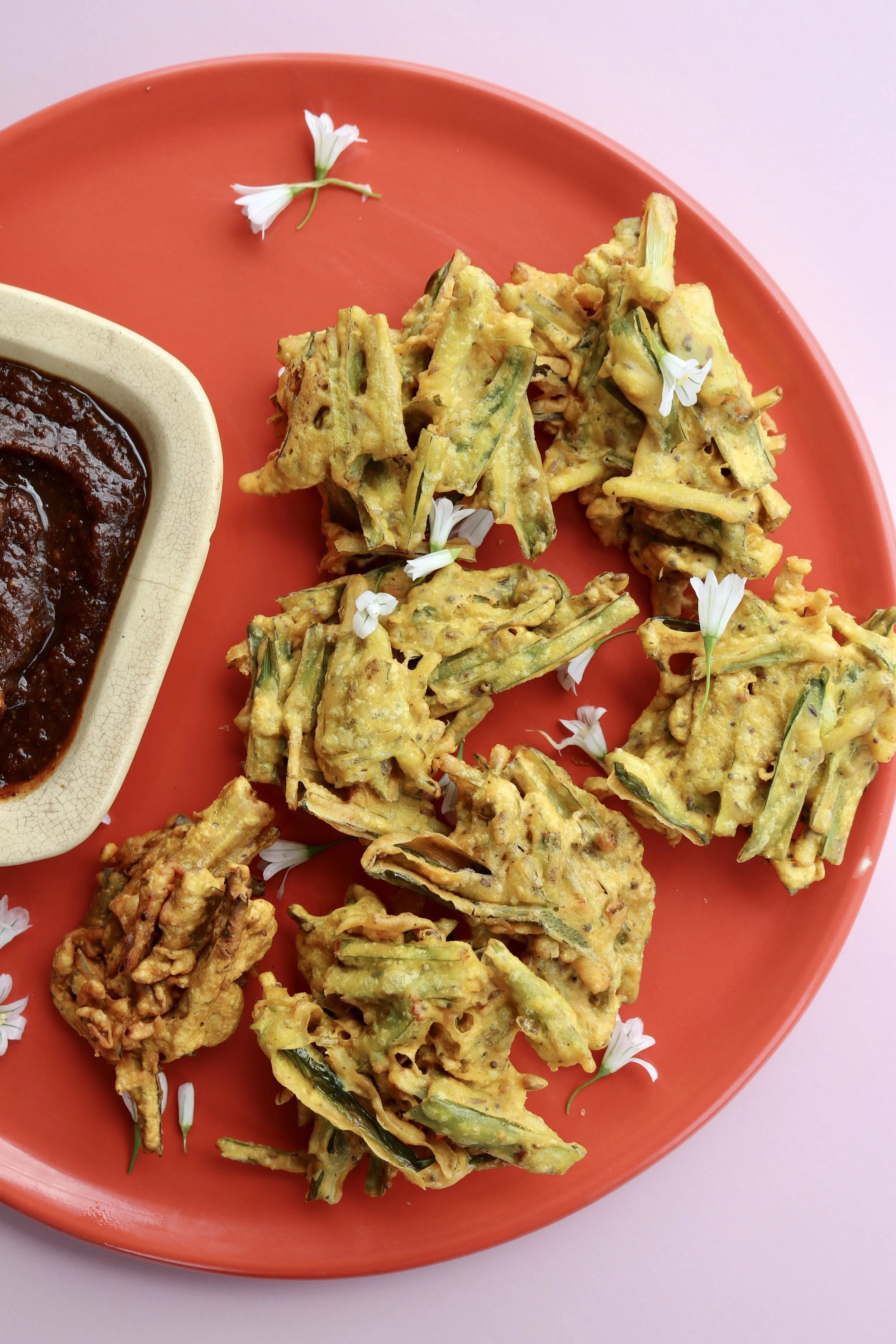 Wild onion weed bhajis with date, soy + tamarind chutney