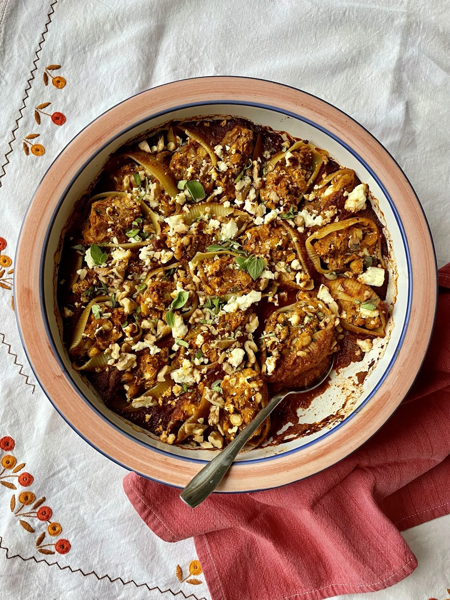 Baked conchiglioni with pumpkin, walnuts, oregano + feta