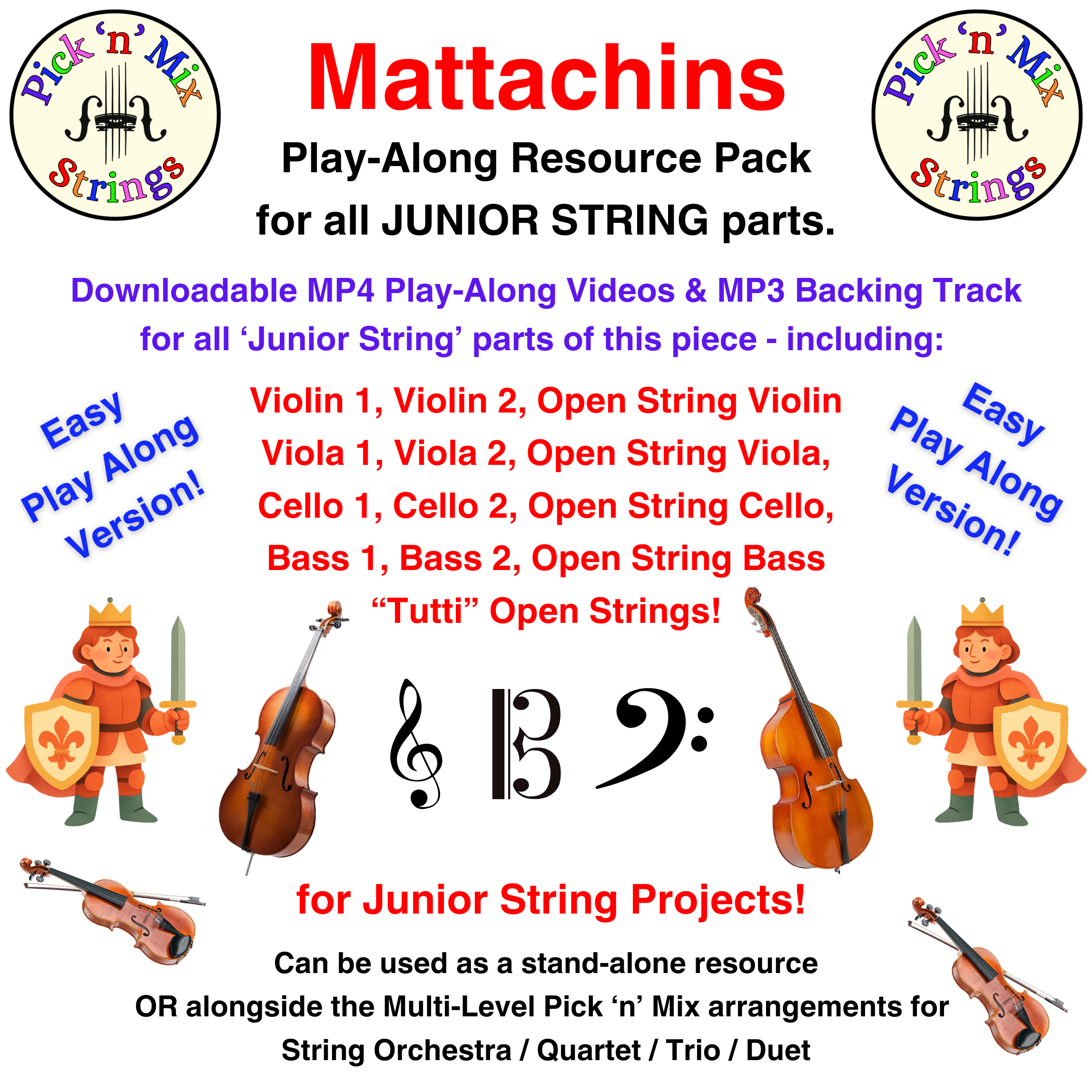 Mattachins Play-Along Videos for all Junior String Parts. For First Access Groups and Early Stage String Players