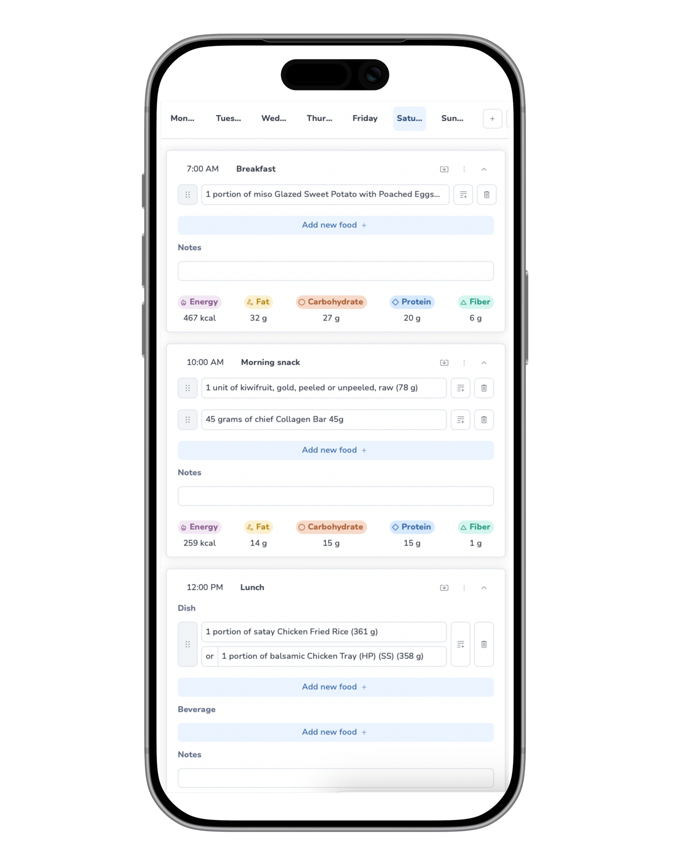 Screenshot of a meal planning app on a smartphone displaying a weekly schedule with meal entries for breakfast, morning snack, lunch, and beverage, including detailed food items and their nutritional information.