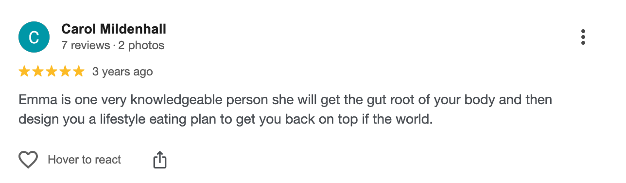 Screenshot of a Google review by Carol Mildenhall praising Emma's knowledge and diet plan services.