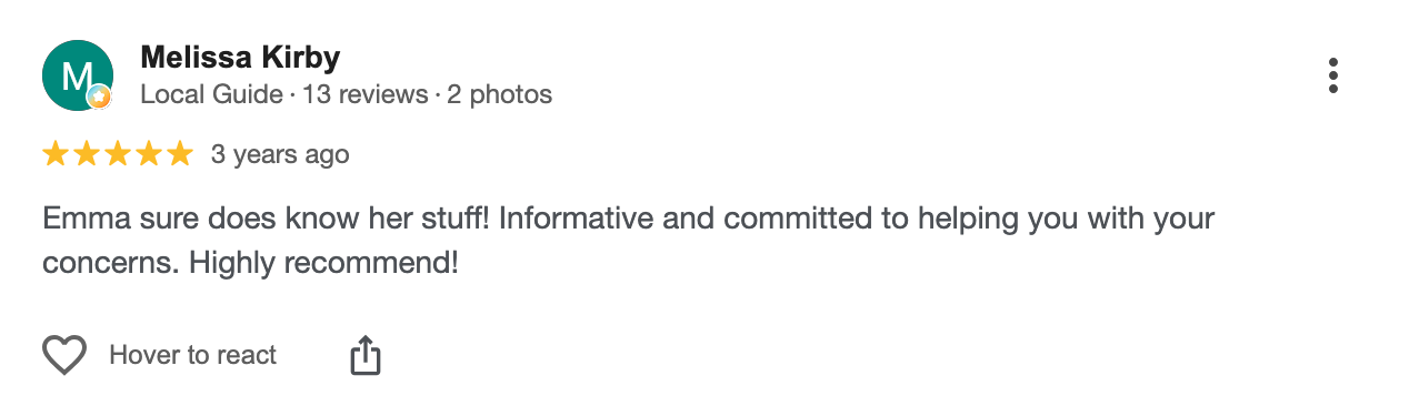 Screenshot of a Google review for Melissa Kirby, 5-star rating, written three years ago, praising Emma for her knowledge and helpfulness.