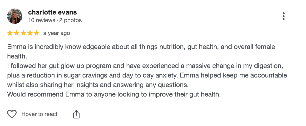A screenshot of a Google review for a person named Charlotte Evans praising Emma for her knowledge on nutrition and gut health.