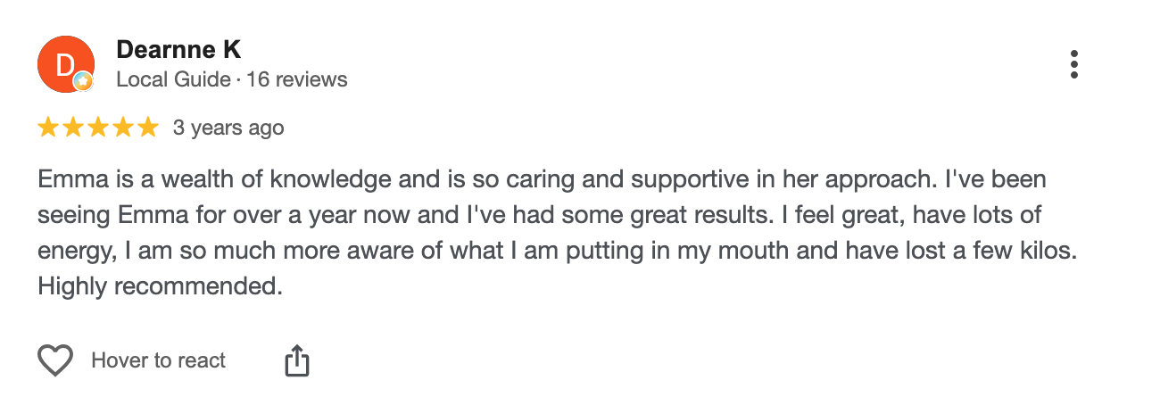 Customer review for Emma, praising her knowledge, supportiveness, energy, weight loss, and recommending her services.