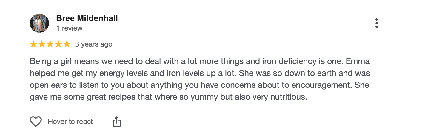 Screenshot of a five-star review by Bree Mildenhall, praising Emma for helping improve her energy and iron levels through nutritious recipes.
