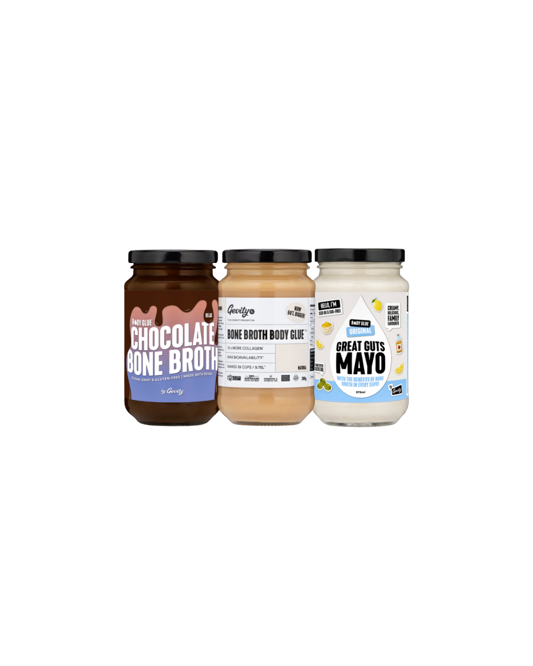 Three jars of food products: chocolate-flavored bone broth, bone broth body glue, and mayo with bone broth in a glass jar.